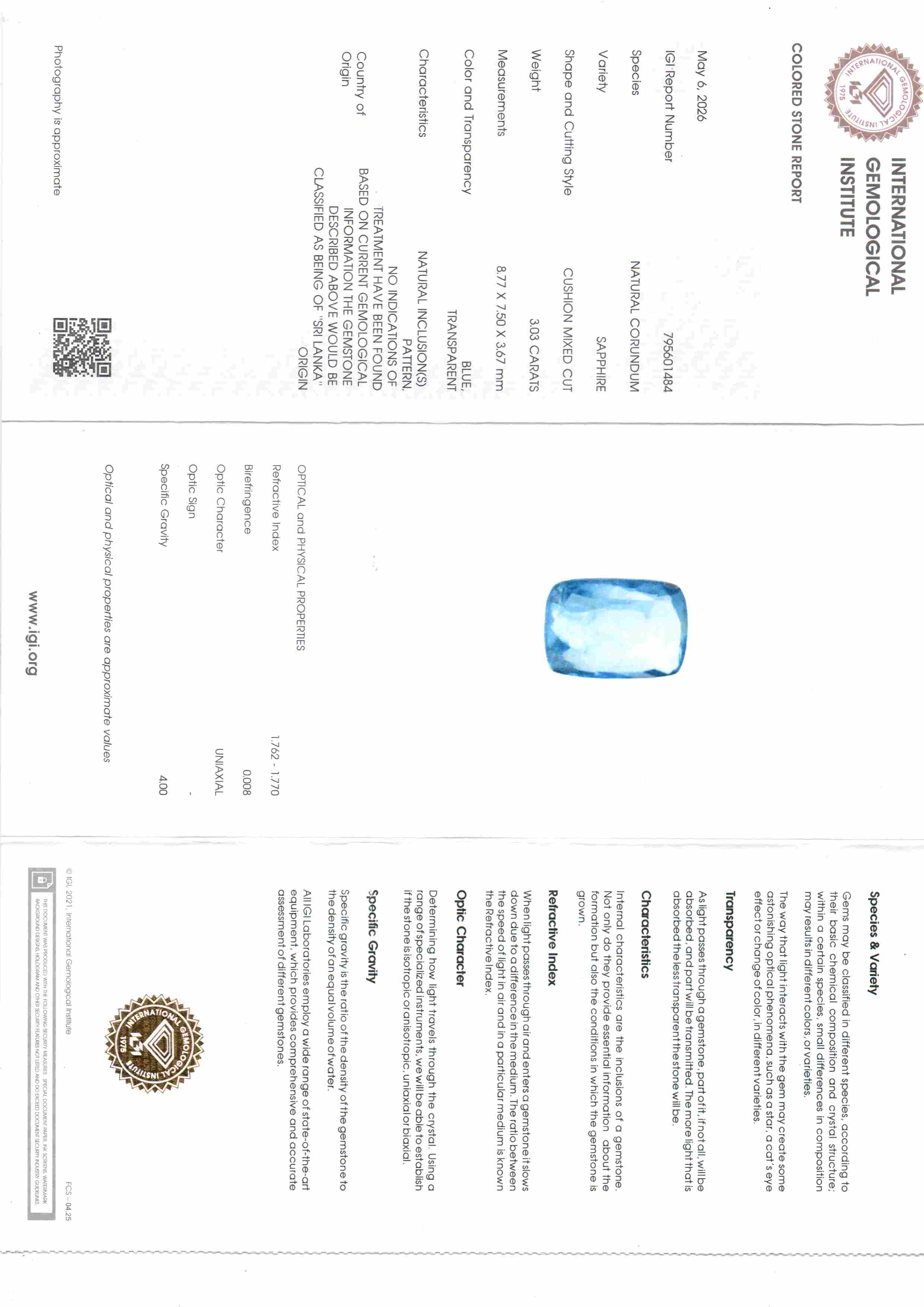 3.03 Ct 3.33 Ratti IGI Certified Unheated Untreated Natural Ceylon Blue Sapphire