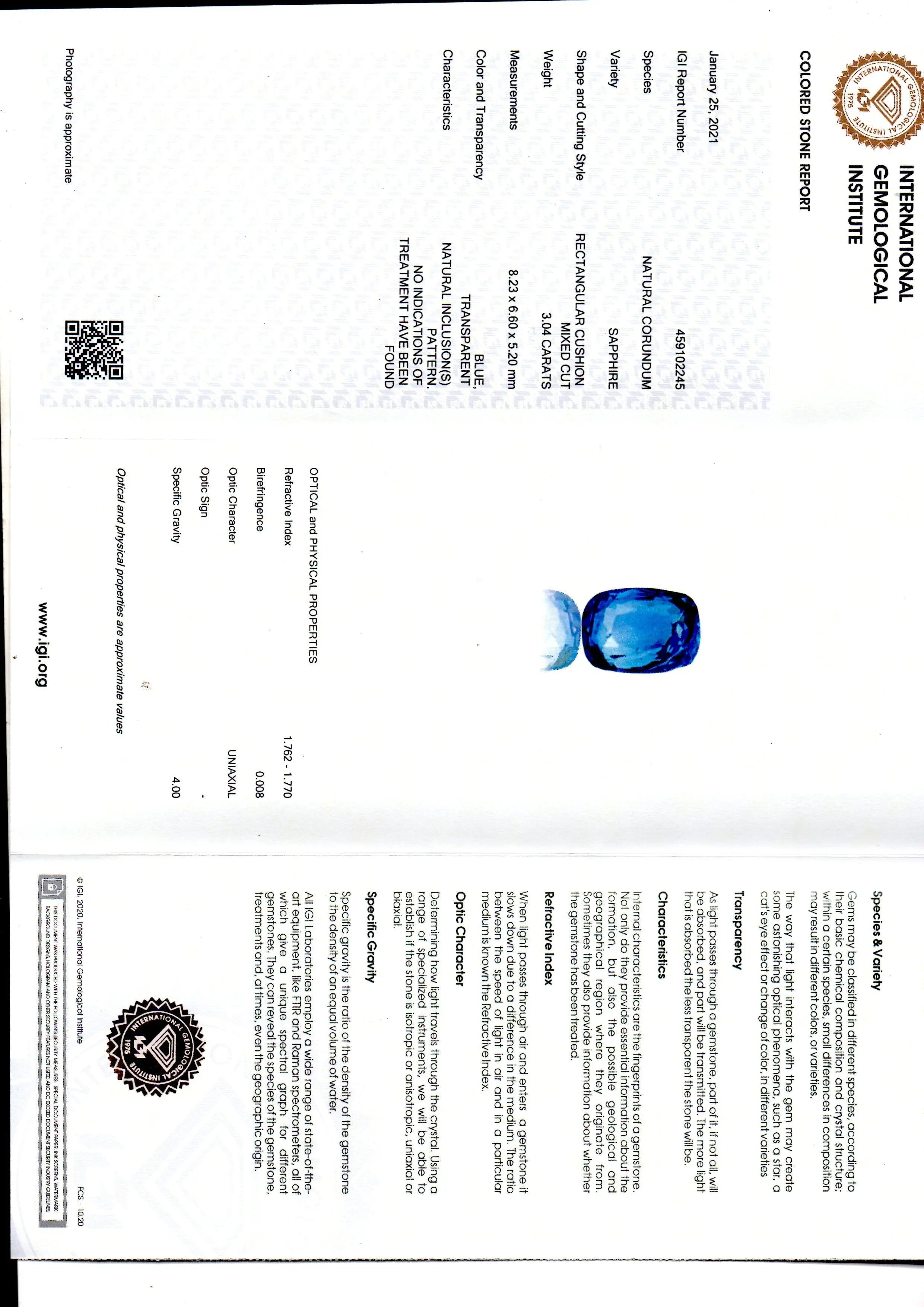 3.04 Ct IGI Certified Unheated Untreated Natural Ceylon Blue Sapphire AA