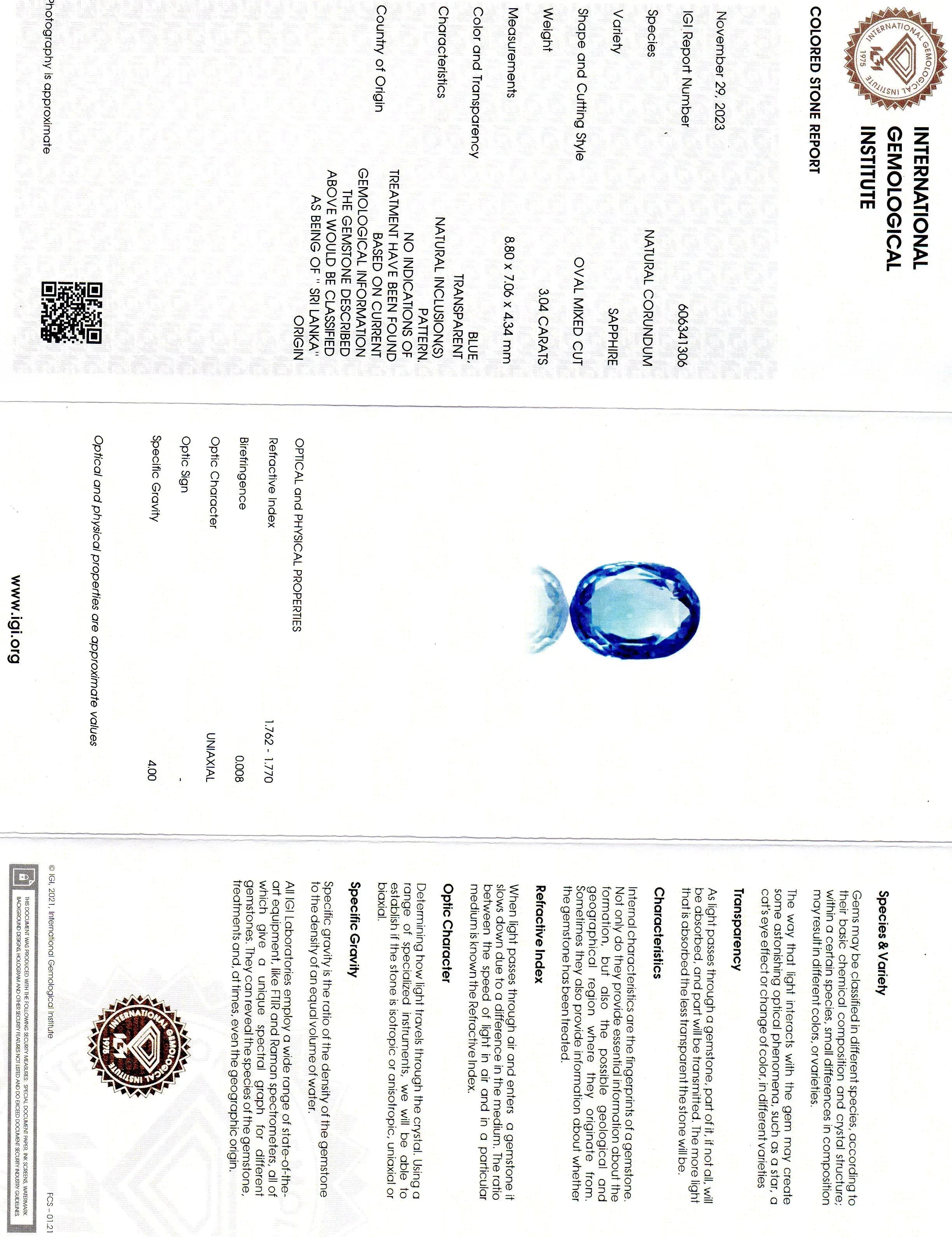3.04 Ct IGI Certified Unheated Untreated Natural Ceylon Blue Sapphire AA - Venus Gems