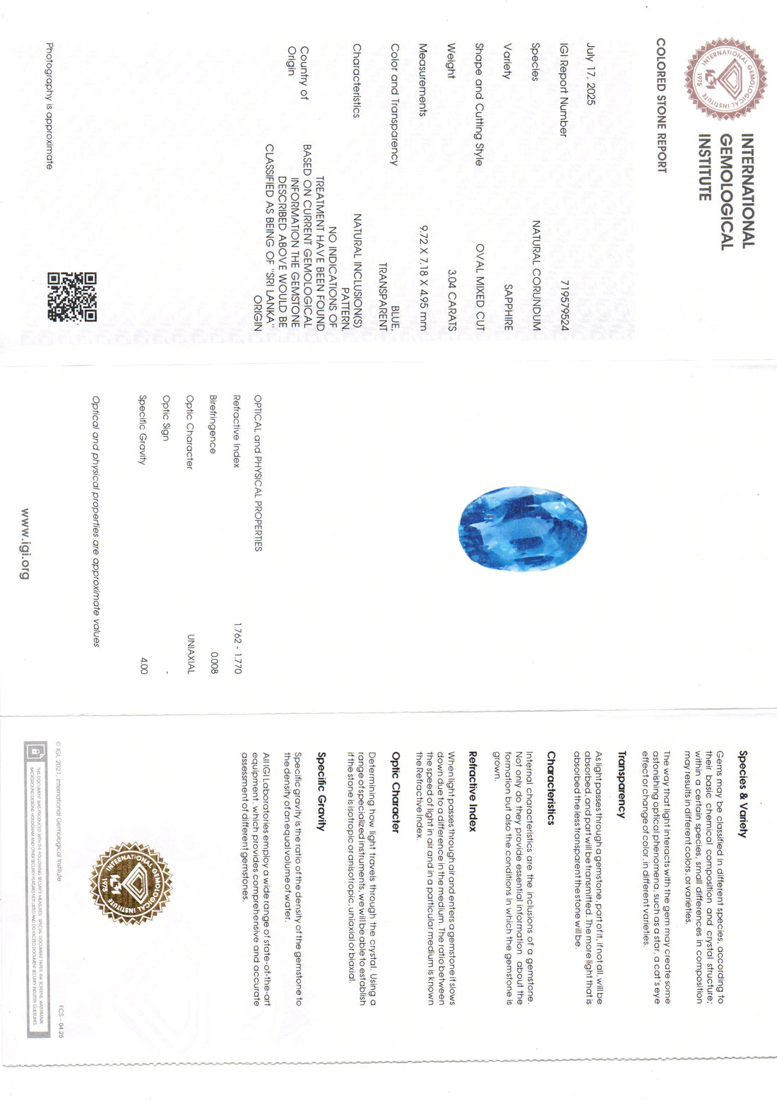 3.04 Ct IGI Certified Unheated Untreated Natural Ceylon Blue Sapphire