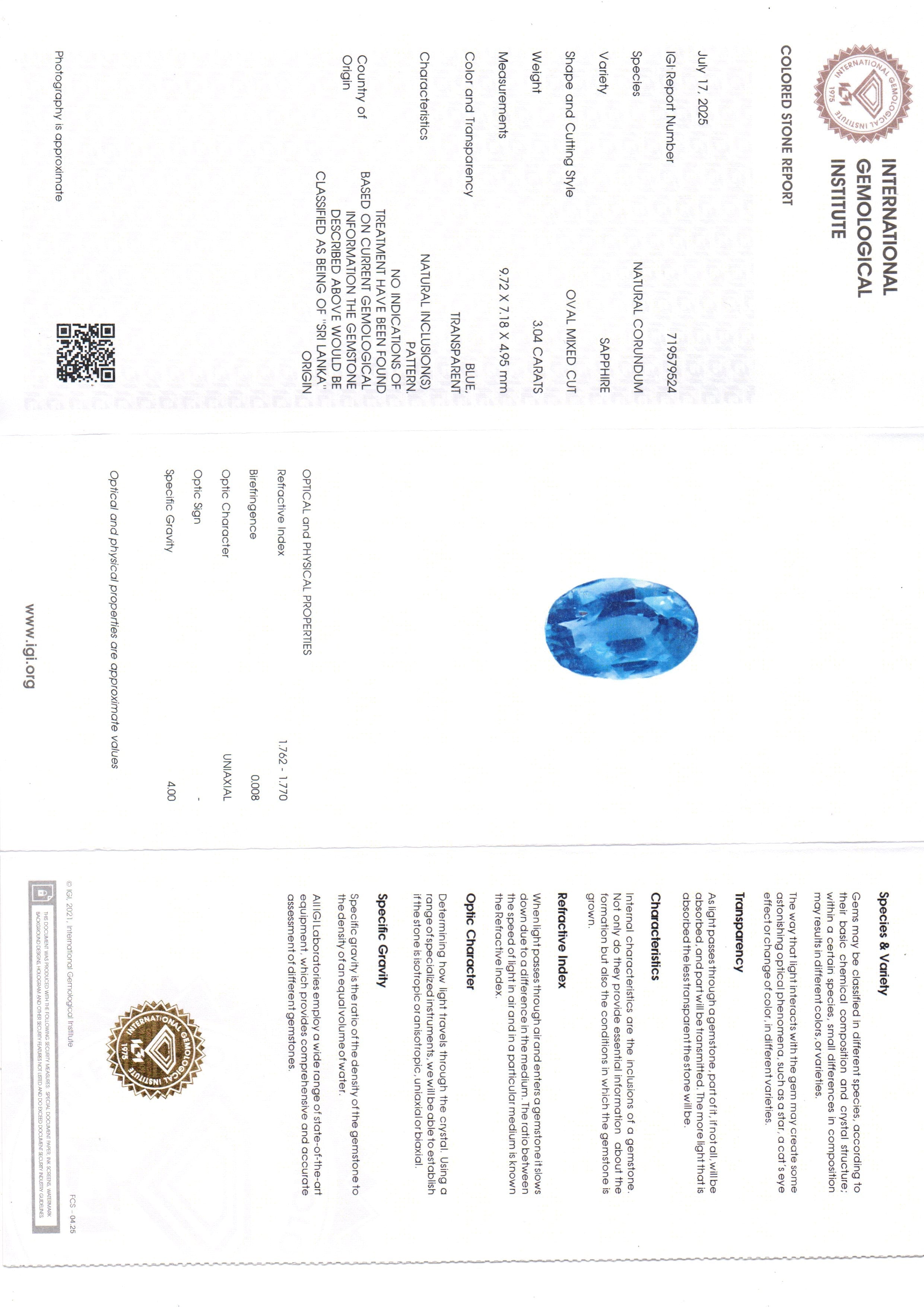 3.04 Ct IGI Certified Unheated Untreated Natural Ceylon Blue Sapphire