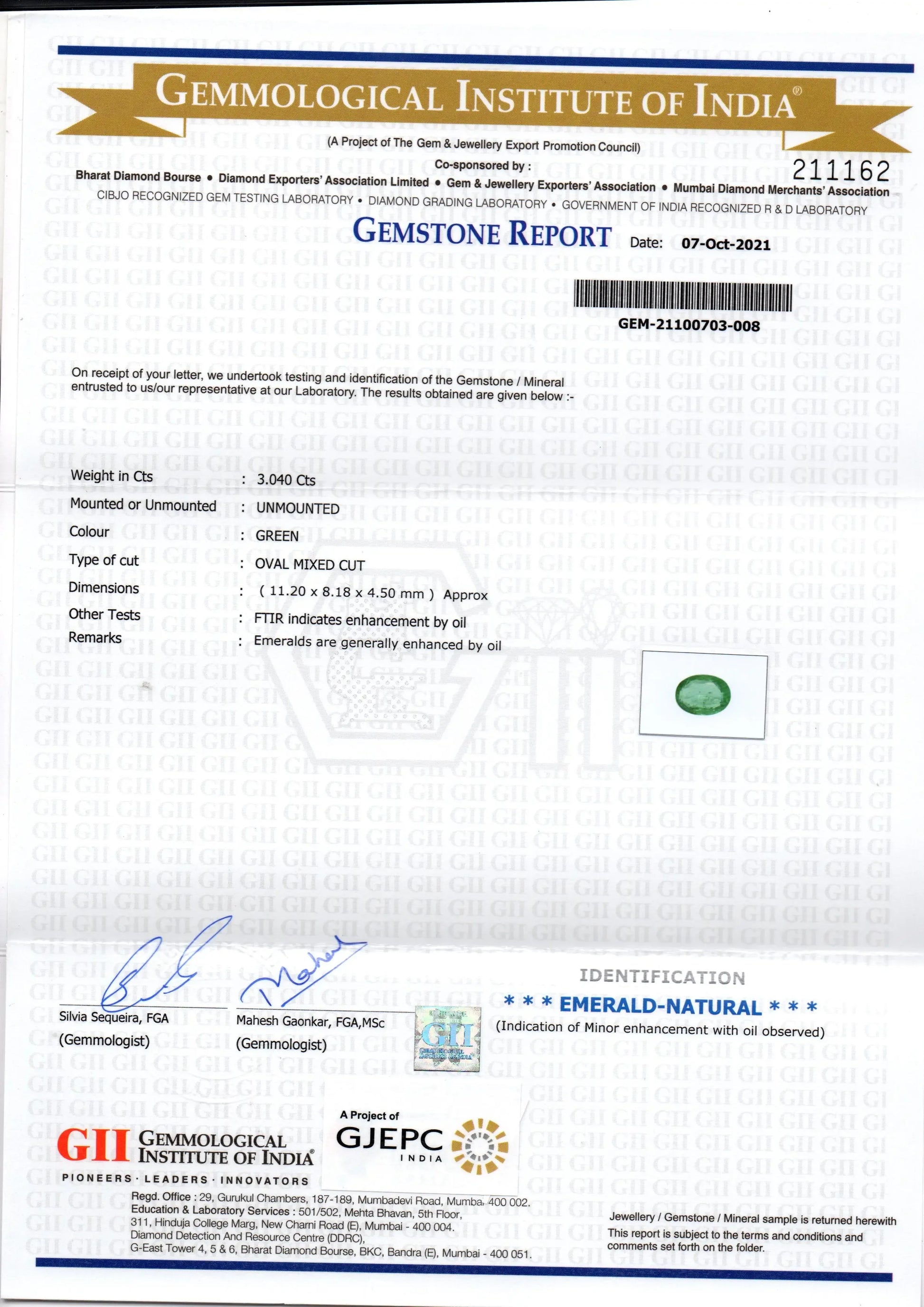 3.04 Ct GII Certified Untreated Natural Zambian Emerald Gemstones - Venus Gems