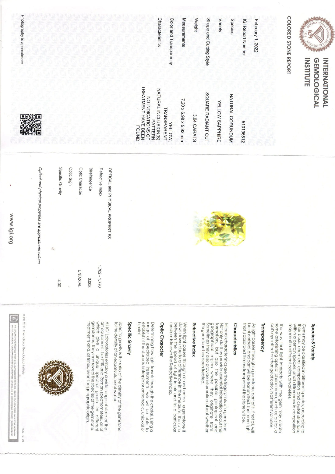 3.04 Ct IGI Certified Unheated Untreated Natural Ceylon Yellow Sapphire AAA
