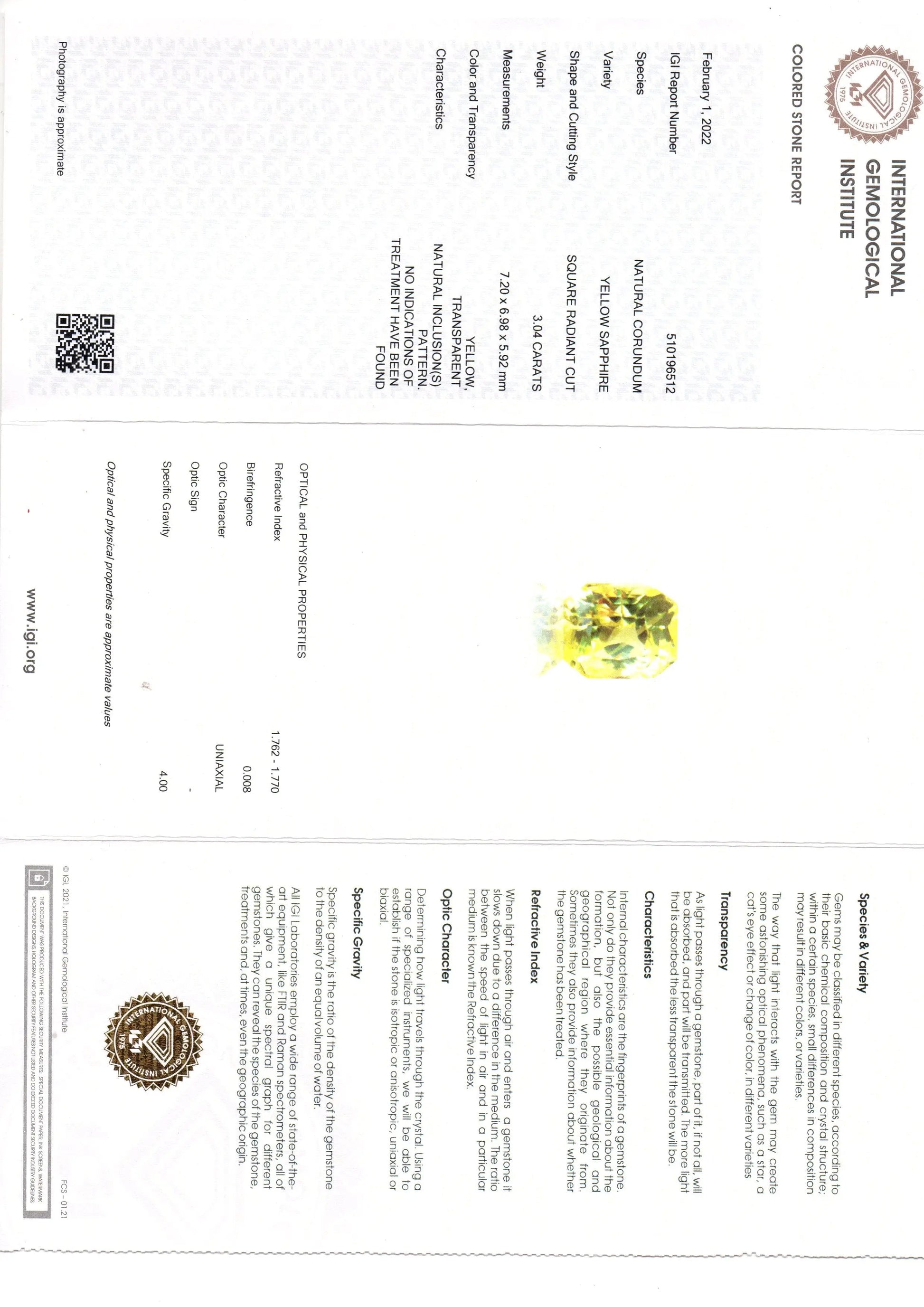3.04 Ct IGI Certified Unheated Untreated Natural Ceylon Yellow Sapphire AAA
