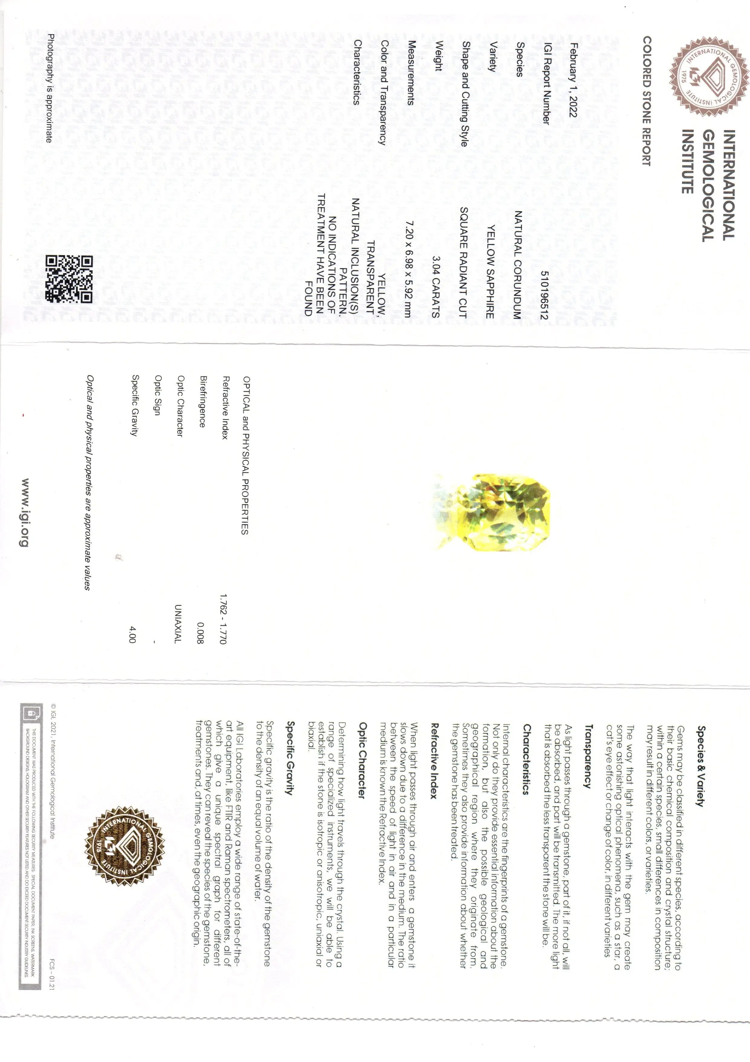 3.04 Ct IGI Certified Unheated Untreated Natural Ceylon Yellow Sapphire AAA