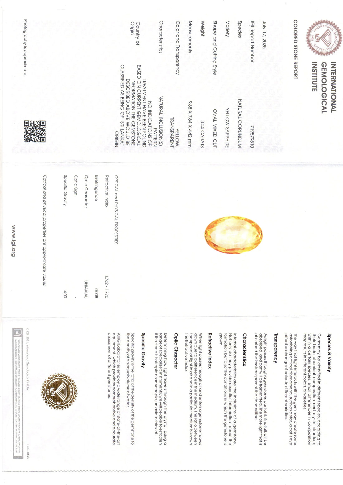 3.04 Ct IGI Certified Unheated Untreated Natural Ceylon Yellow Sapphire - Venus Gems