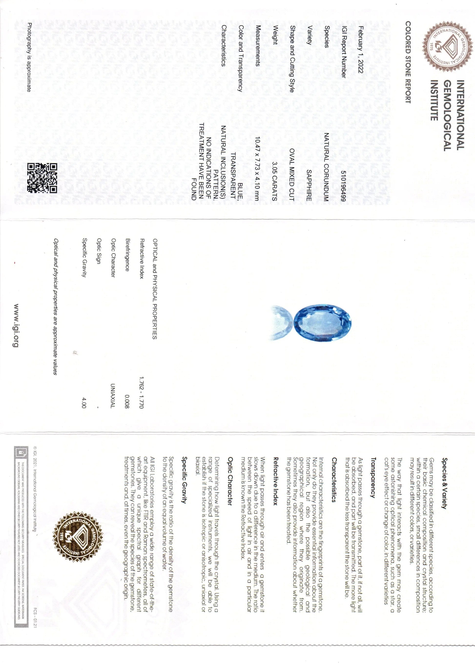 3.05 Ct IGI Certified Unheated Untreated Natural Ceylon Blue Sapphire AAA