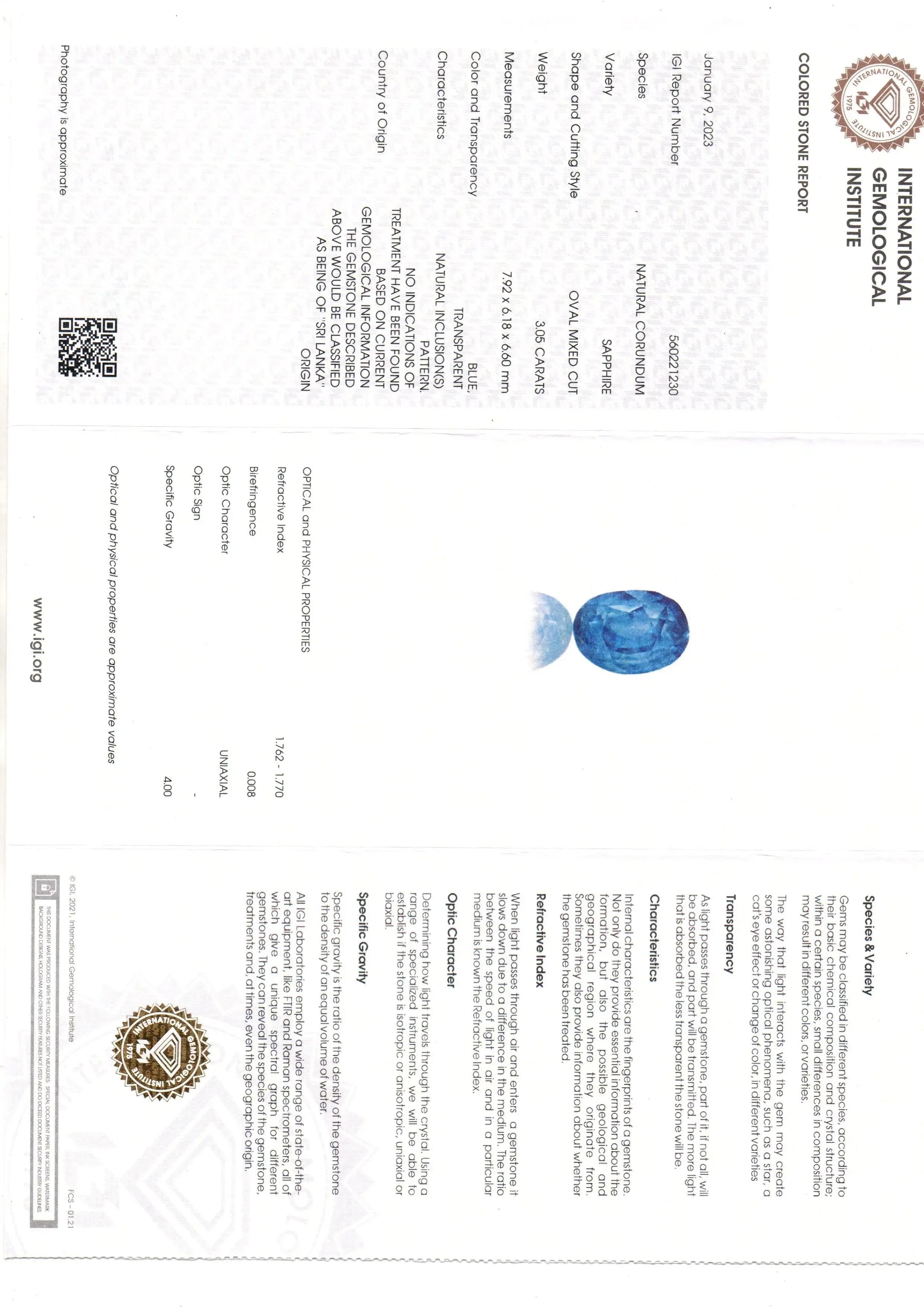3.05 Ct IGI Certified Unheaated Untreated Natural Ceylon Blue Sapphire AA - Venus Gems