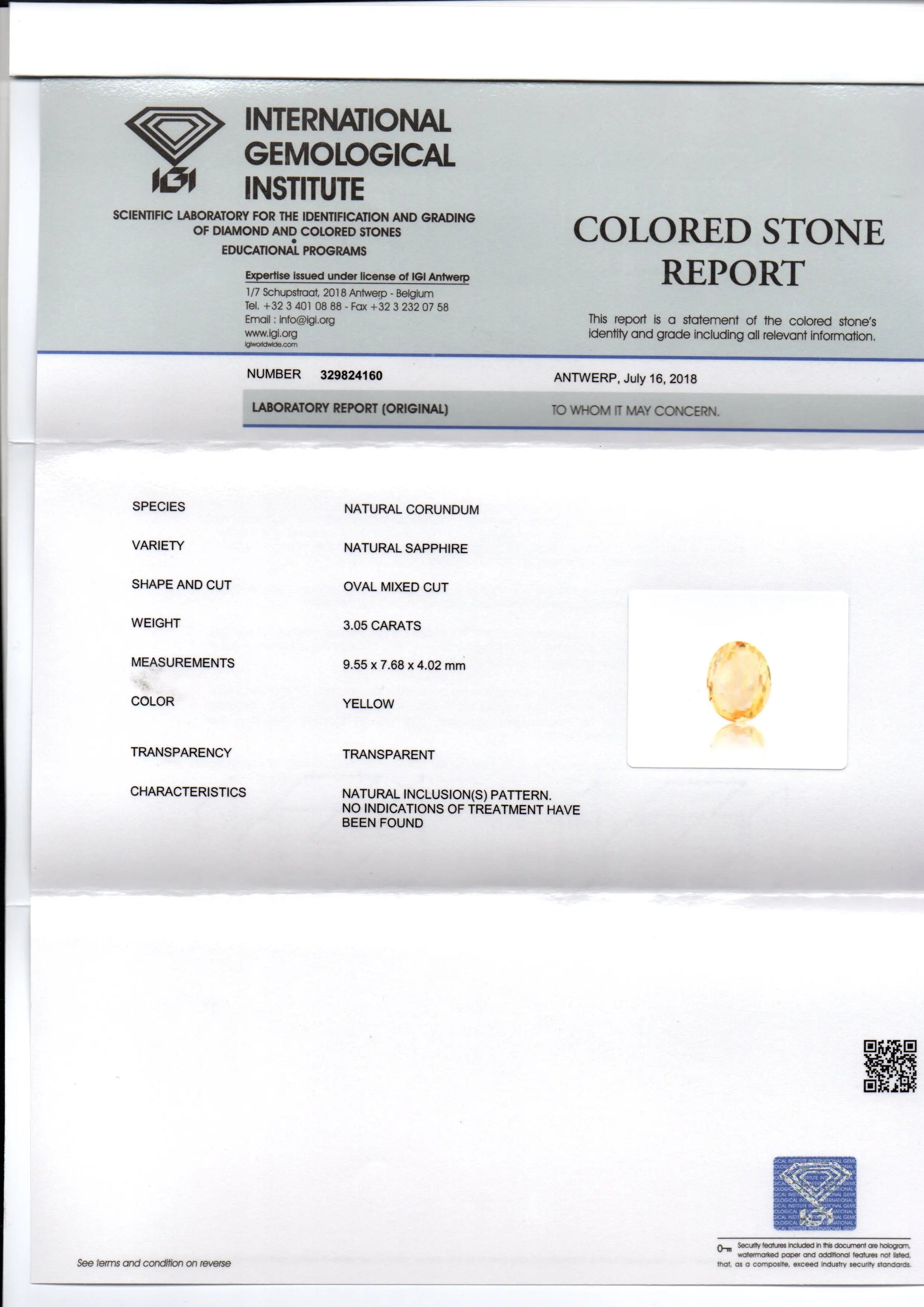 3.05 Ct IGI Certified Unheated Untreated Natural Ceylon Yellow Sapphire