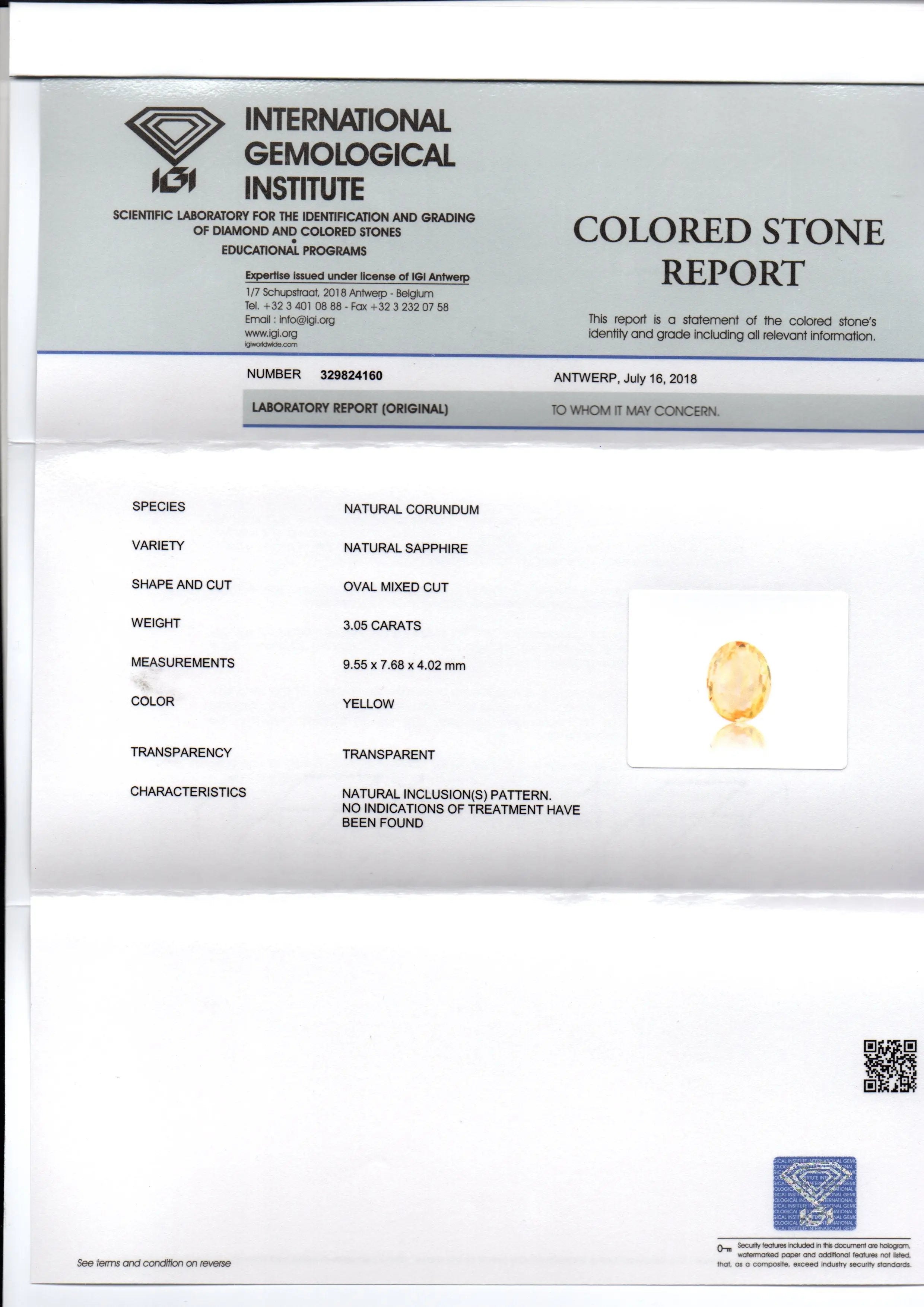 3.05 Ct IGI Certified Unheated Untreated Natural Ceylon Yellow Sapphire