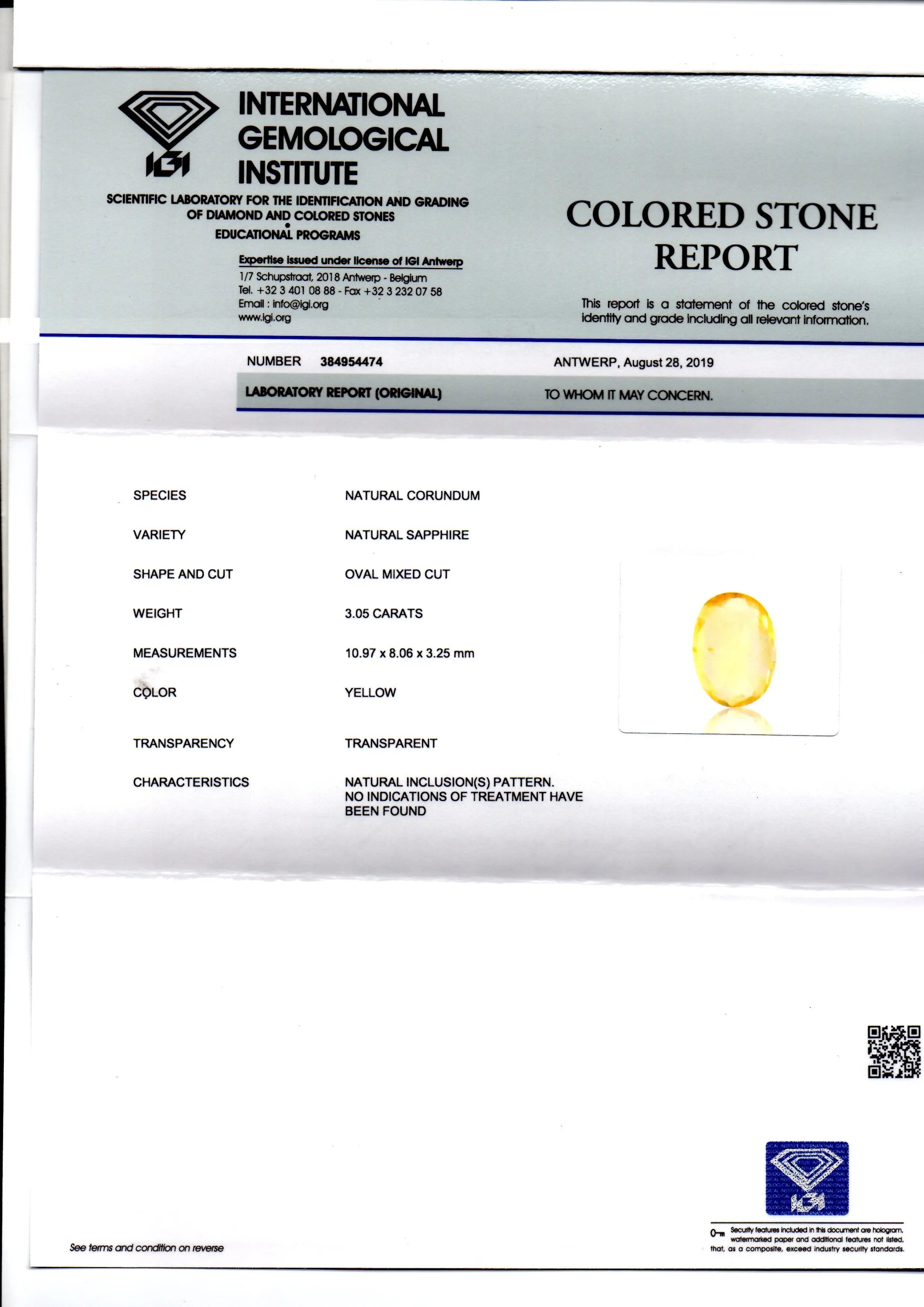 3.05 Ct IGI Certified Unheated Untreated Natural Ceylon Yellow Sapphire