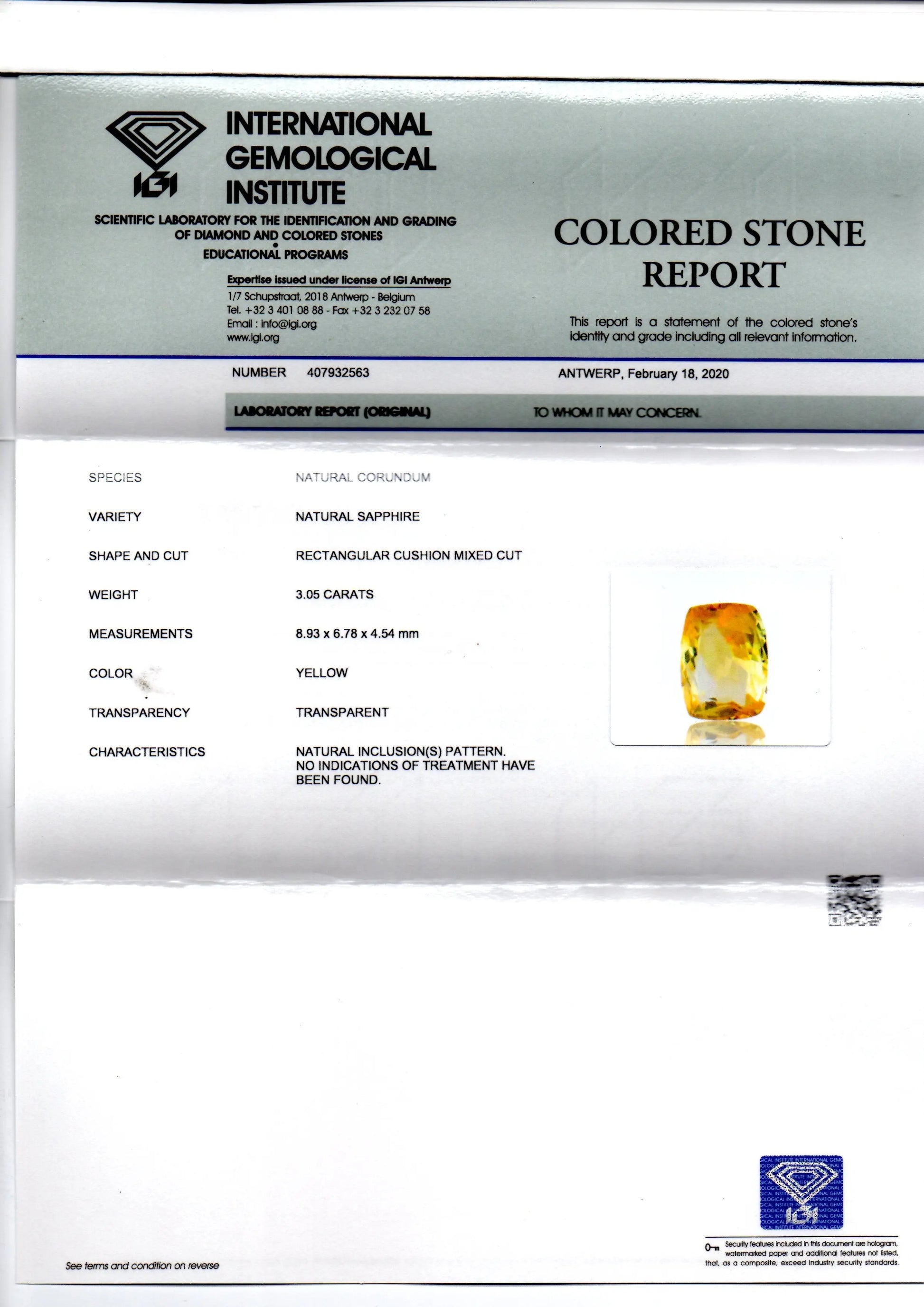 3.05 Ct IGI Certified Unheated Untreated Natural Ceylon Yellow Sapphire