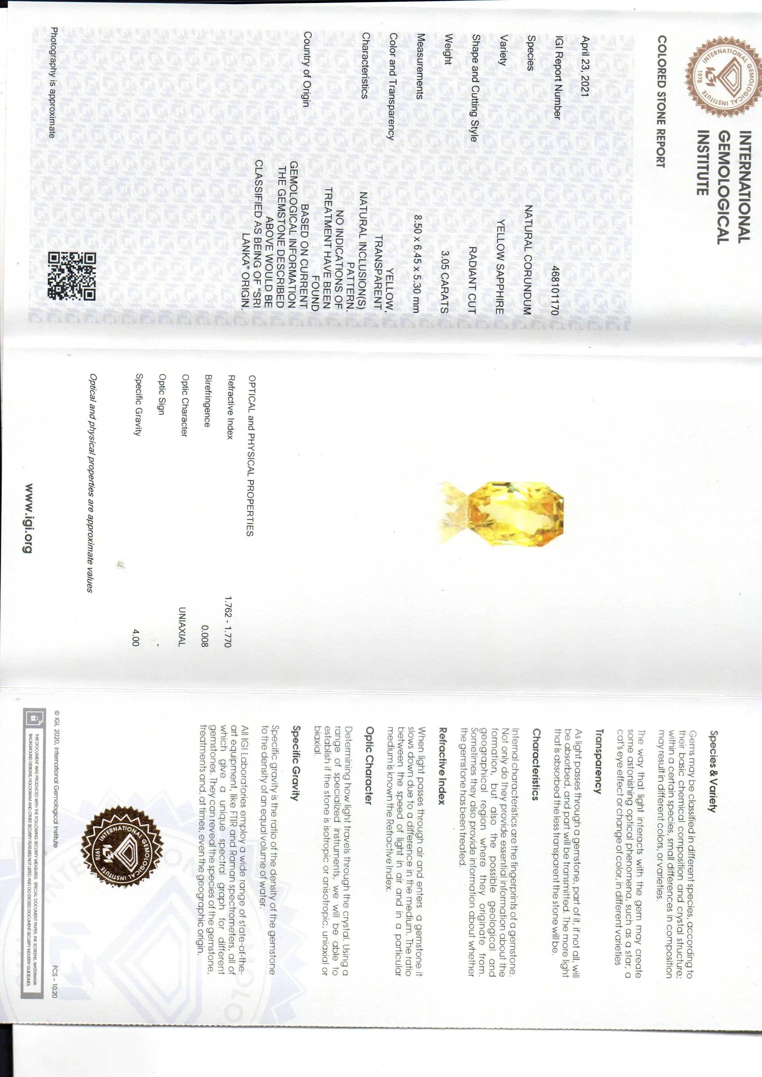 3.05 Ct IGI Certified Unheated Untreated Natural Ceylon Yellow Sapphire AAAAA