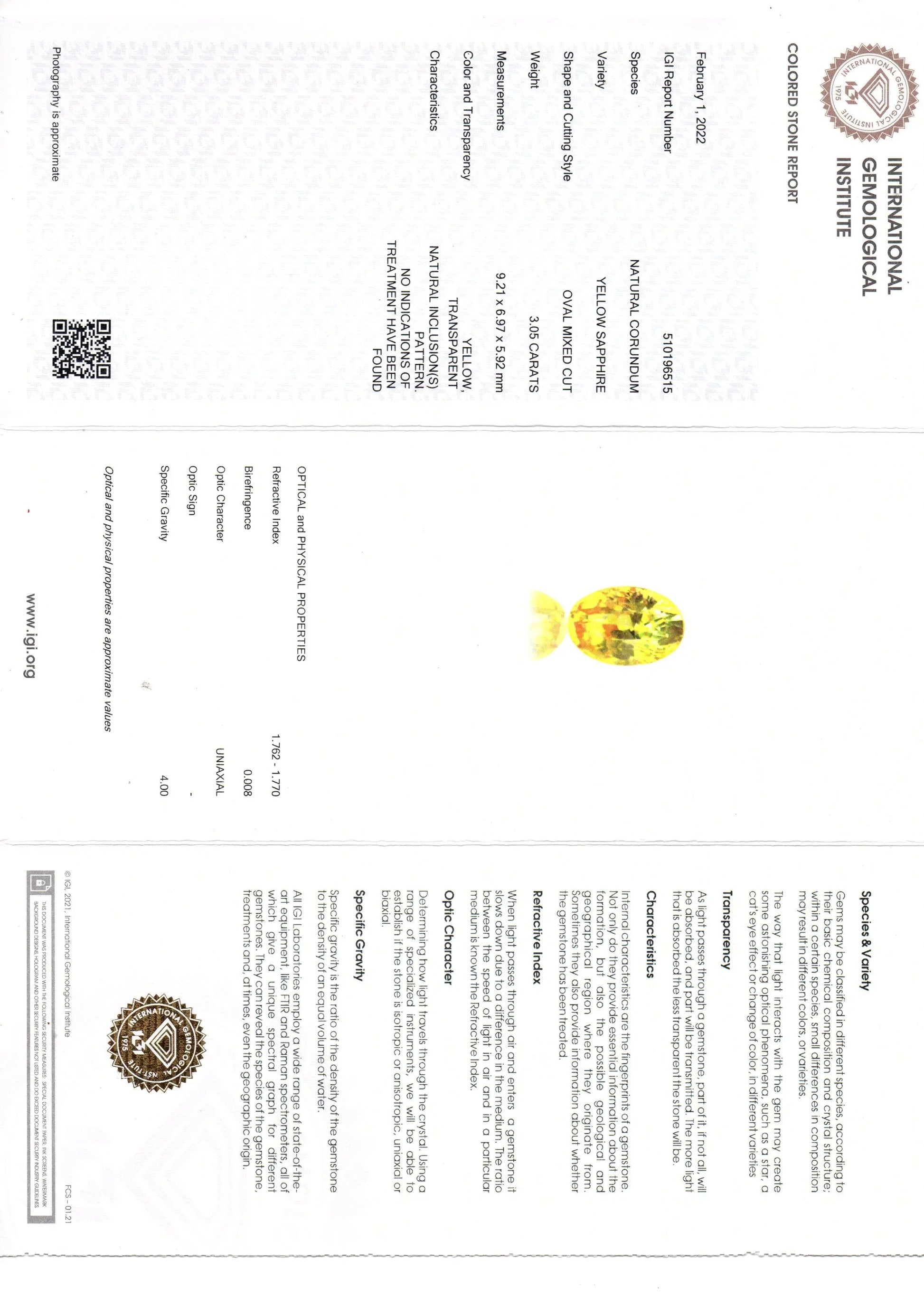 3.05 Ct IGI Certified Unheated Untreated Natural Ceylon Yellow Sapphire AAA