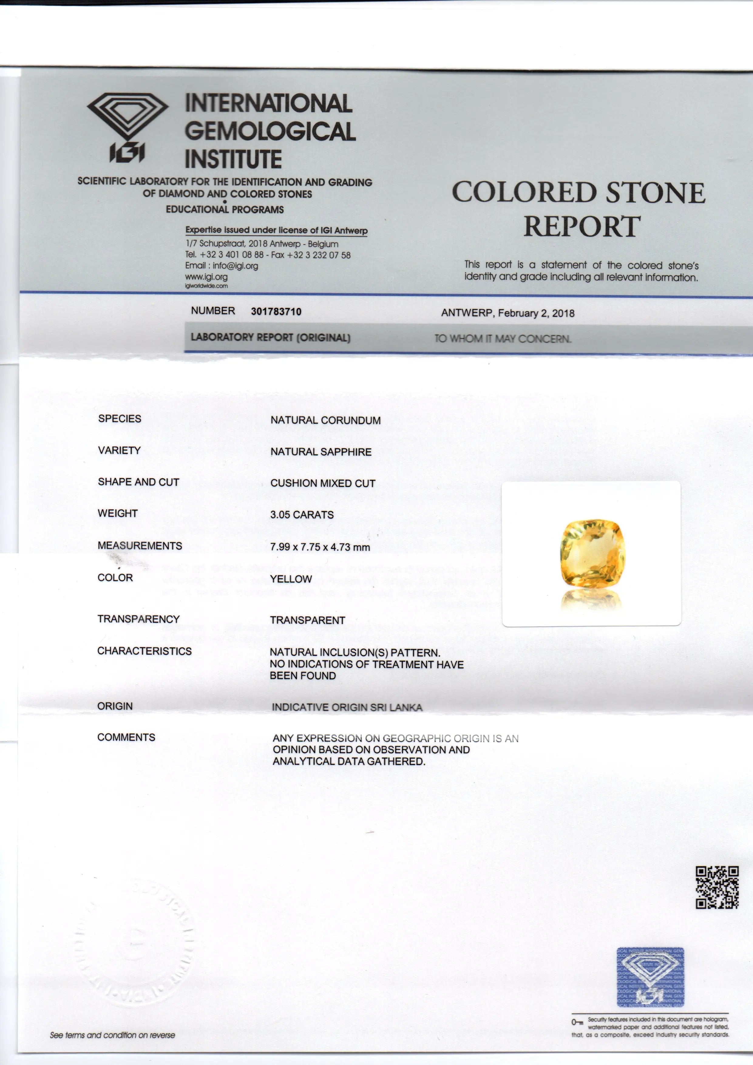 3.05 Ct IGI Certified Unheated Untreated Natural Ceylon Yellow Sapphire
