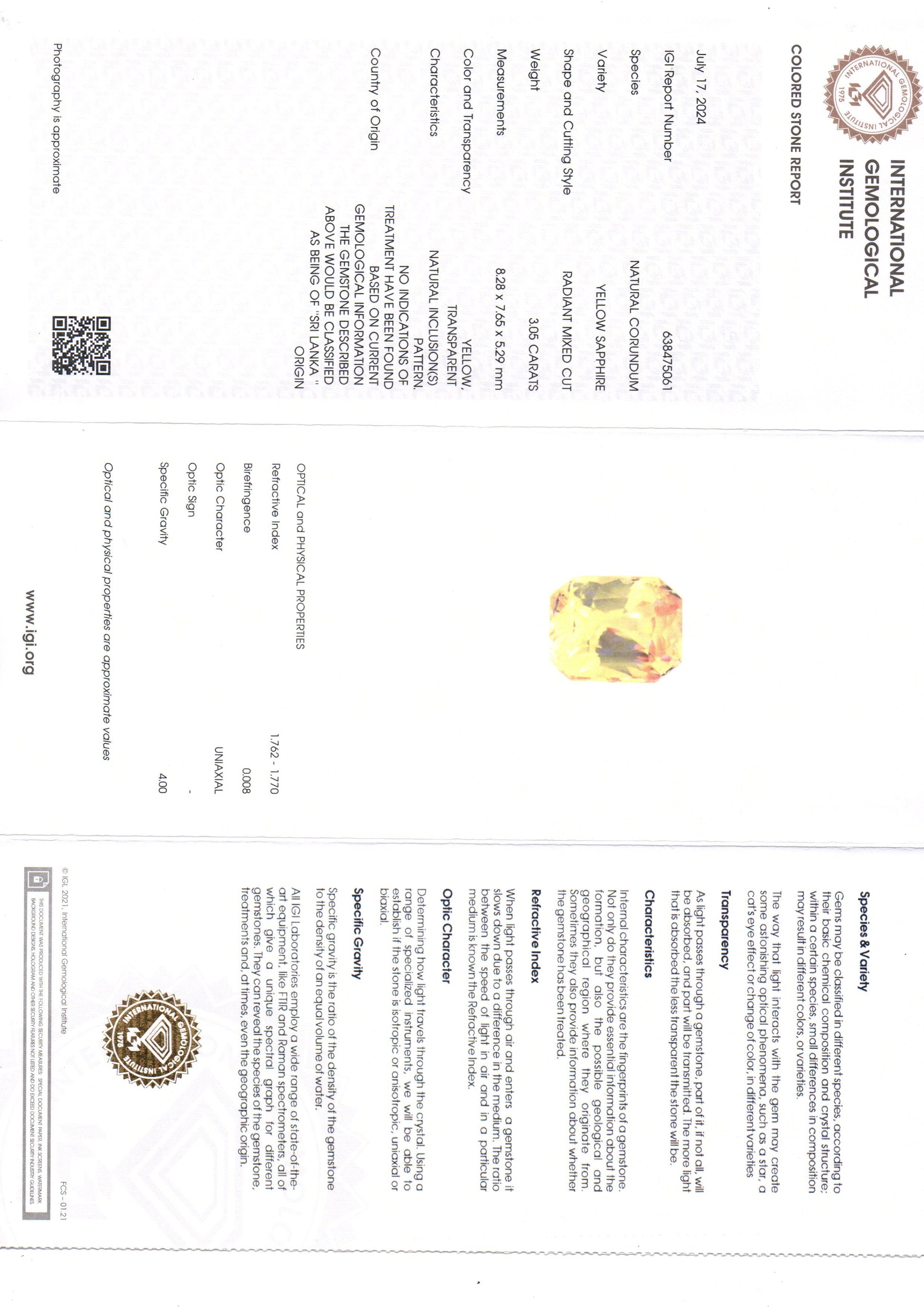 3.05 Ct IGI Certified Unheated Untreated Natural Ceylon Yellow Sapphire AAAA