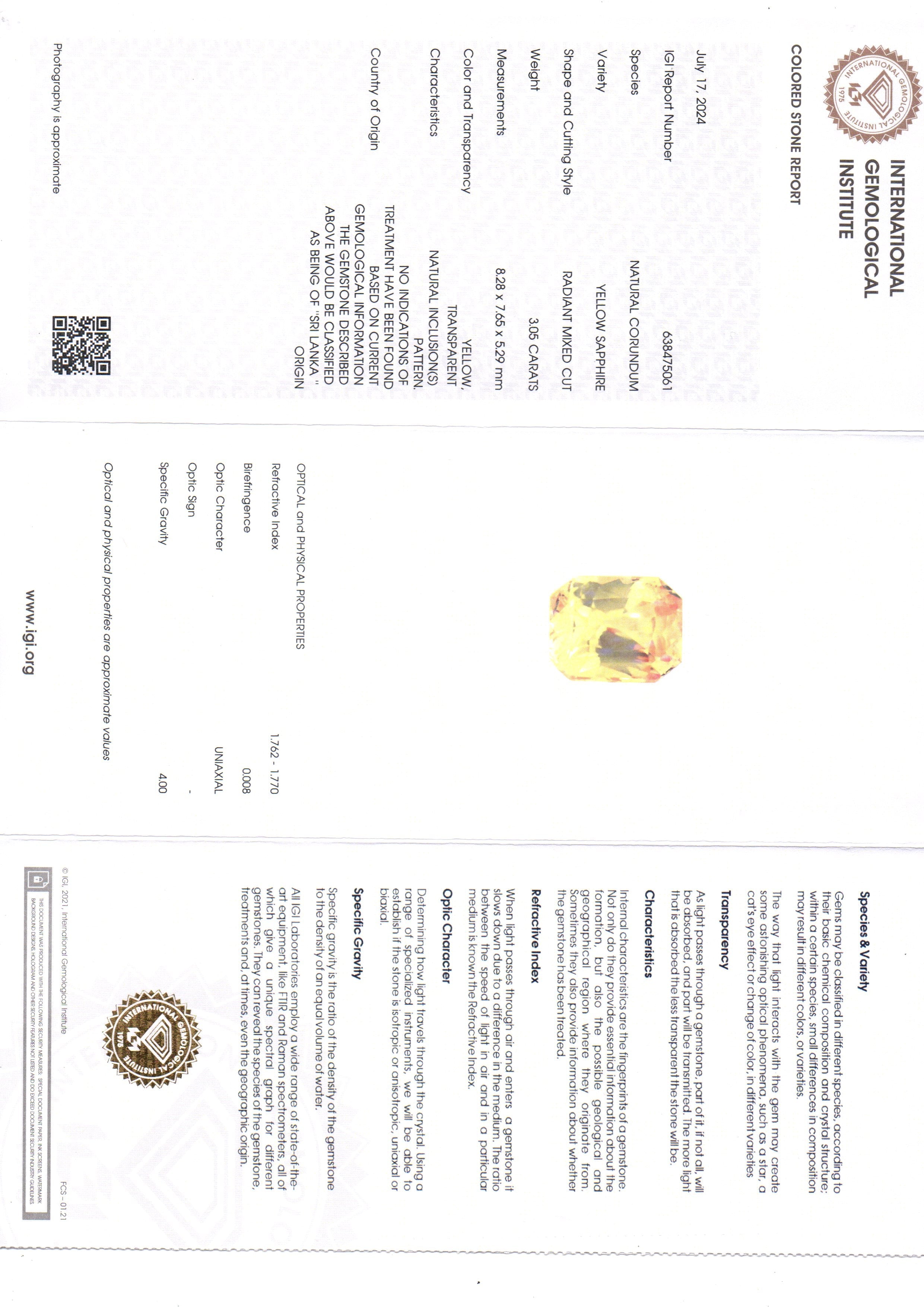 3.05 Ct IGI Certified Unheated Untreated Natural Ceylon Yellow Sapphire AAAA
