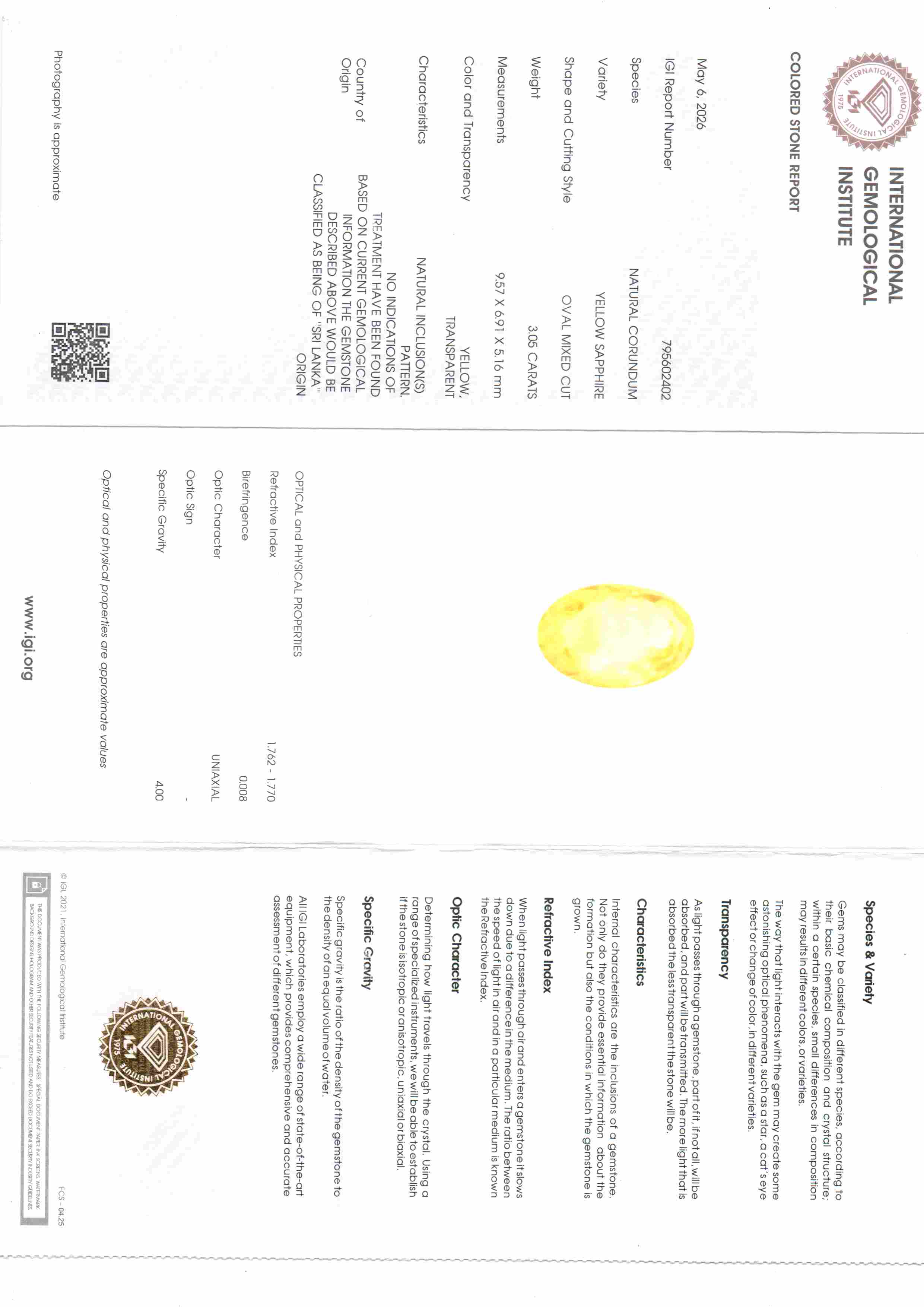 3.05 Carat 3.35 Ratti IGI Certified Unheated Ceylon Yellow Sapphire Pukhraj Stone