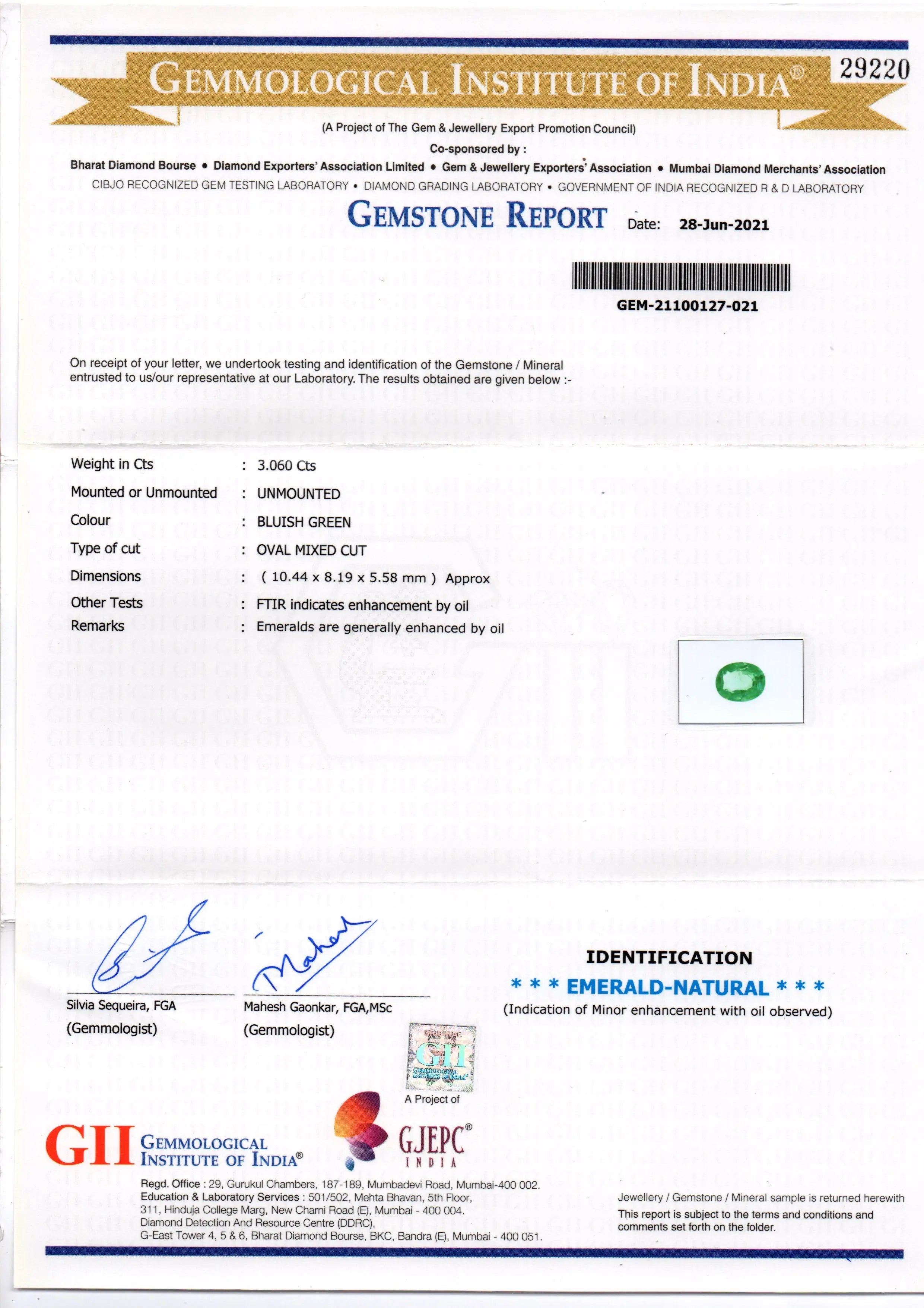 3.06 Ct GII Certified Untreated Natural Zambian Emerald Gemstone AAAAA