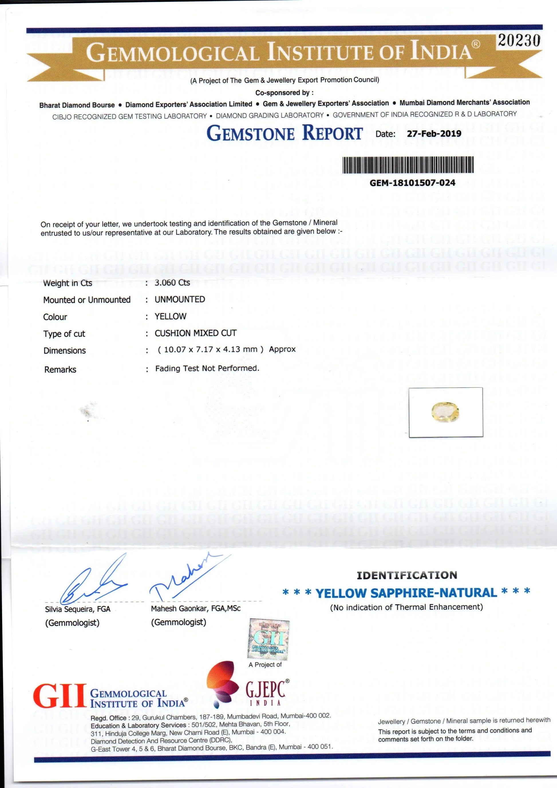3.06 Ct GII Certified Unheated Untreated Natural Ceylon Yellow Sapphire
