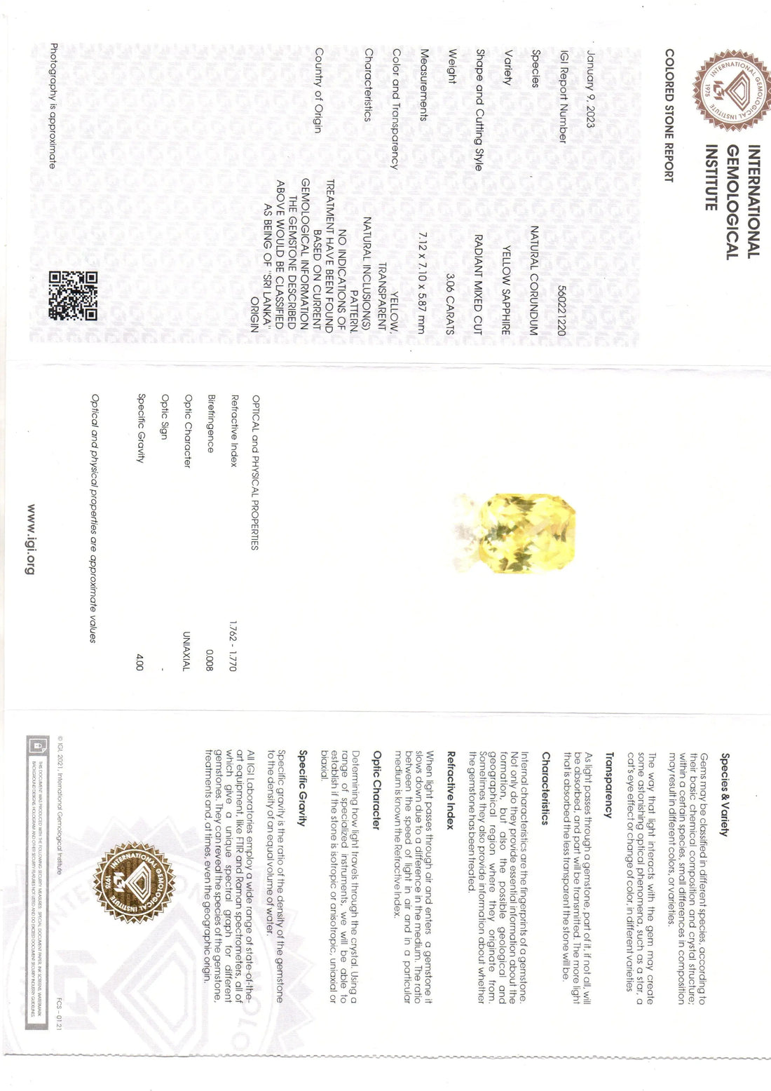 3.06 Ct IGI Certified Unheated Untreated Natural Ceylon Yellow Sapphire AAA