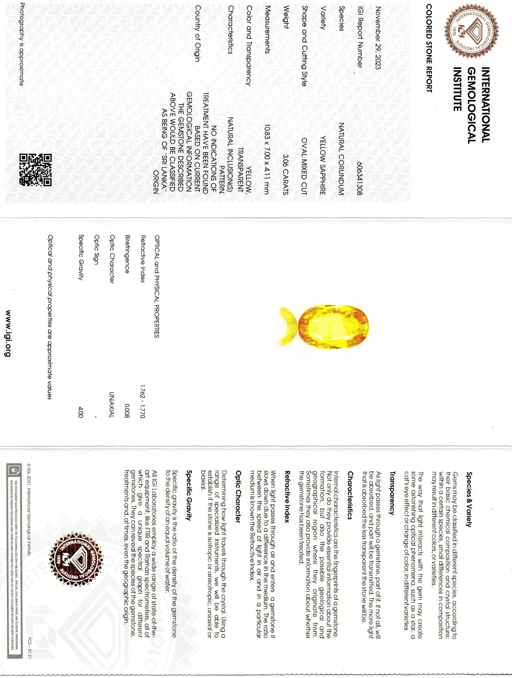 3.06 Ct IGI Certified Unheated Untreated Natural Ceylon Yellow Sapphire AA - Venus Gems