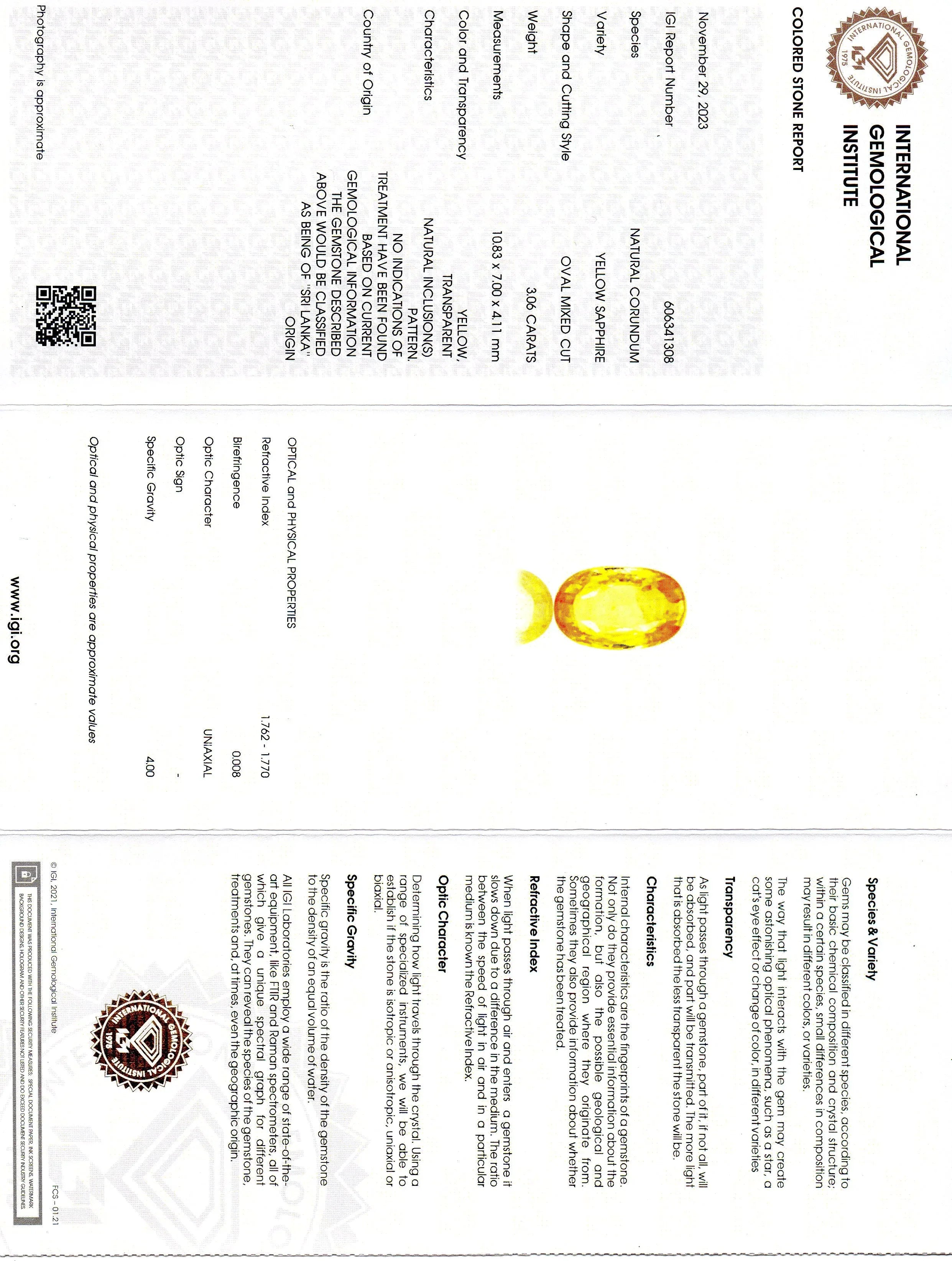 3.06 Ct IGI Certified Unheated Untreated Natural Ceylon Yellow Sapphire AA - Venus Gems