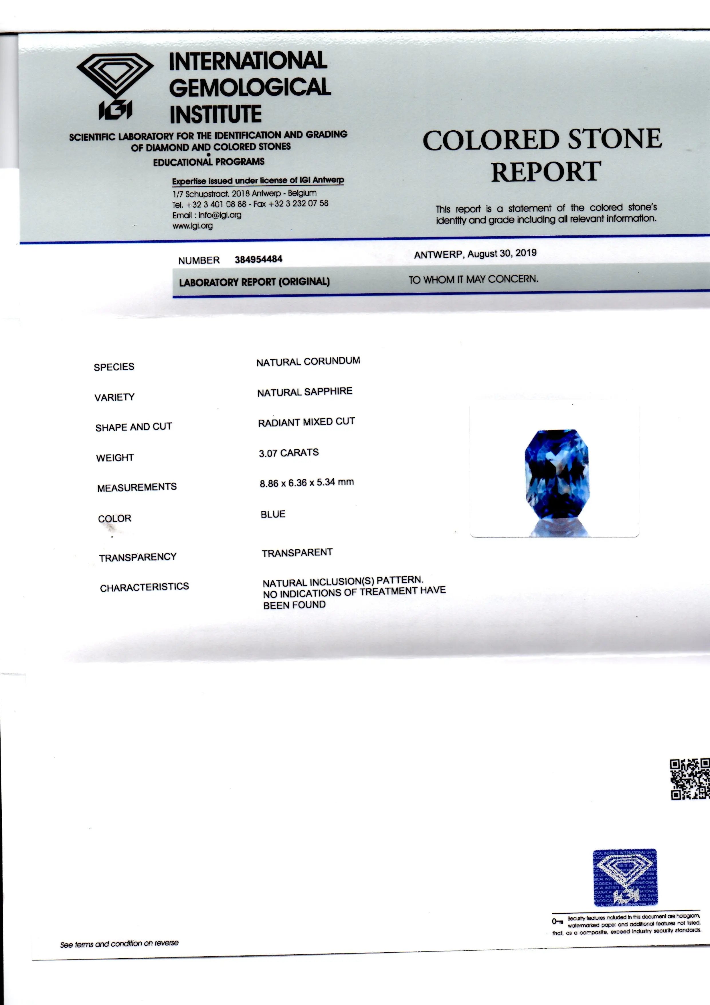 3.07 Ct IGI Certified Unheated Untreated Natural Ceylon Blue Sapphire AAA