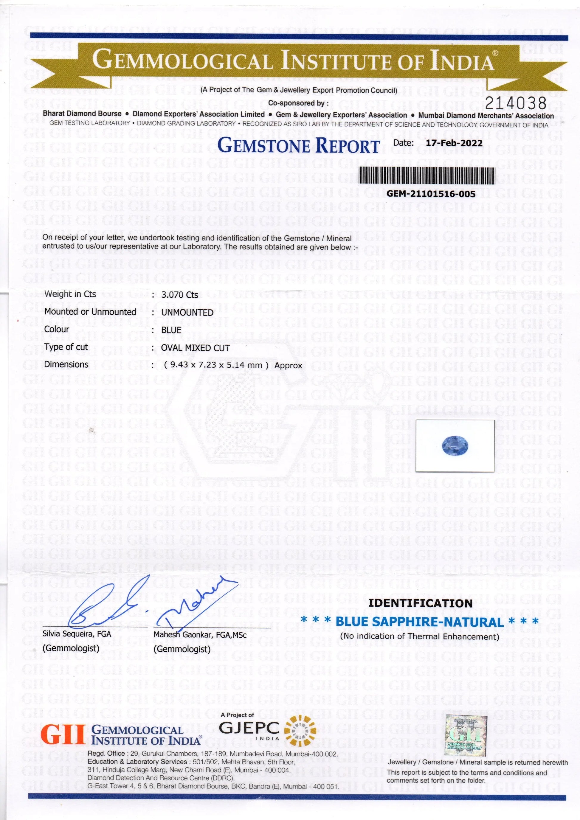 3.07 Ct GII Certified Unheated Untreated Natural Ceylon Blue Sapphire AAA