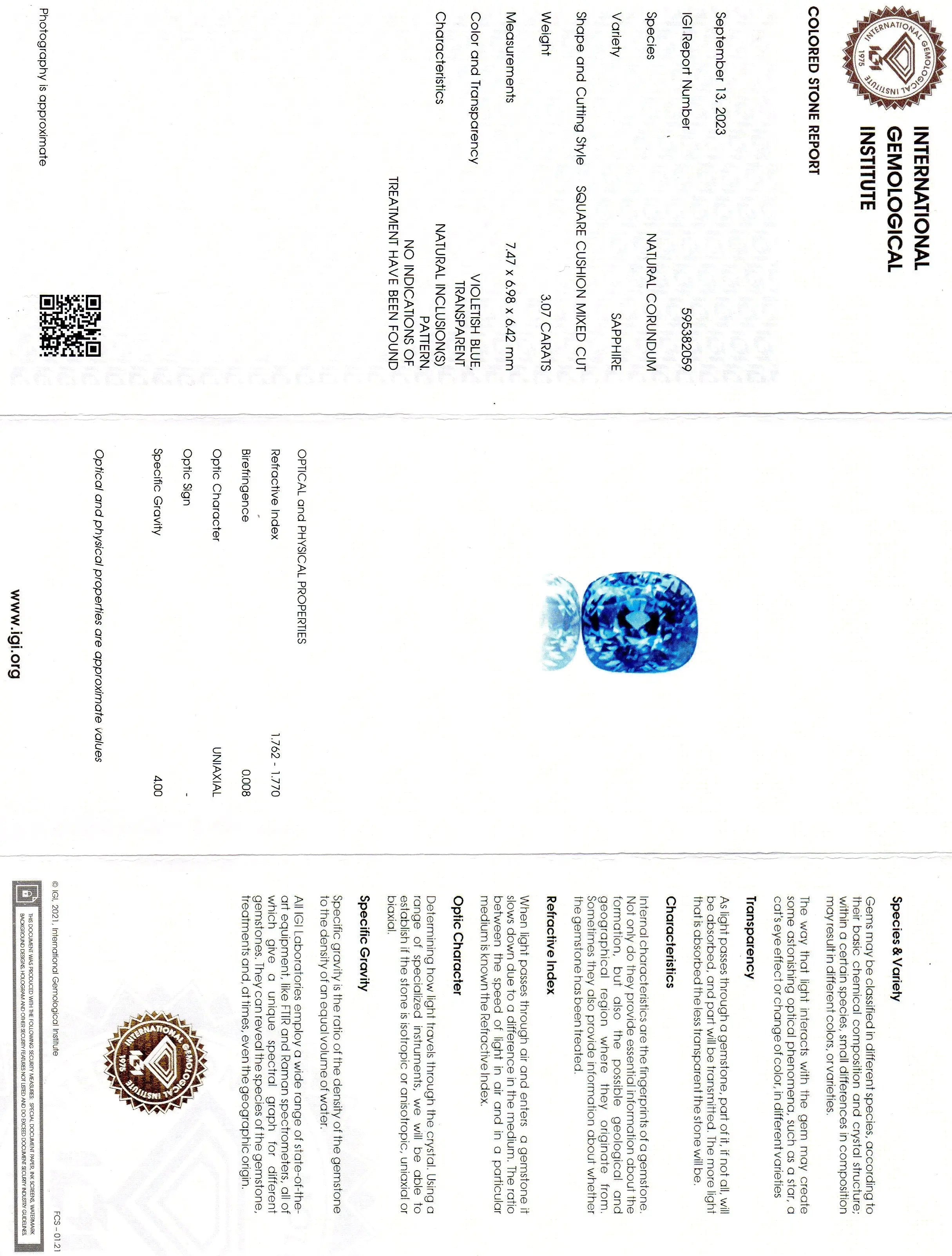 3.07 Ct IGI Certified Unheated Untreated Natural Ceylon Blue Sapphire AAA