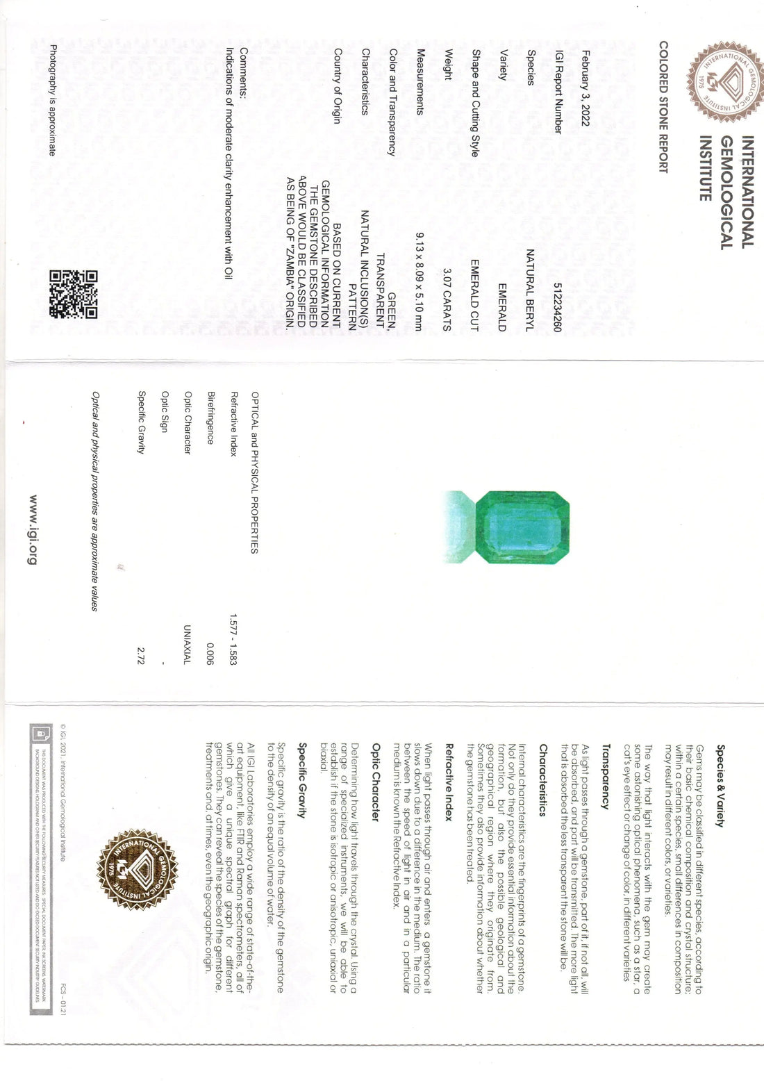 3.07 Ct IGI Certified Untreated Natural Zambian Emerald Gemstone AAA