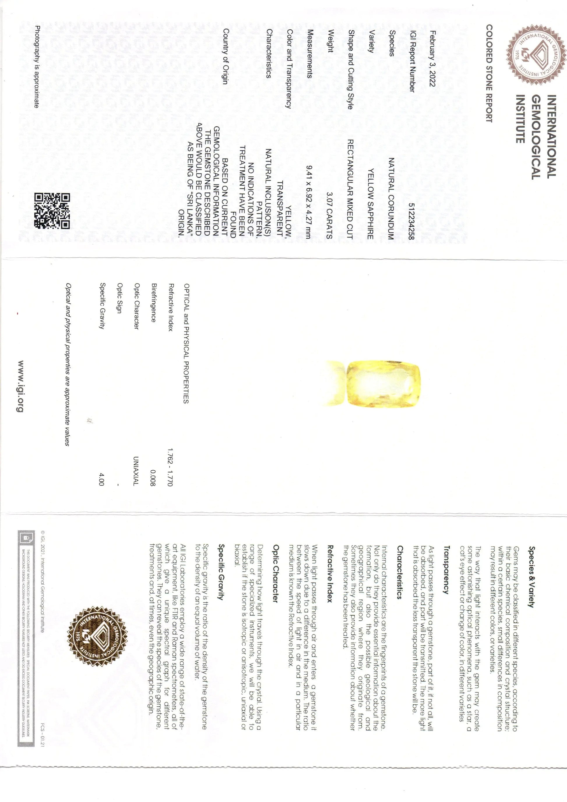 3.07 Ct IGI Certified Unheated Untreated Natural Ceylon Yellow Sapphire