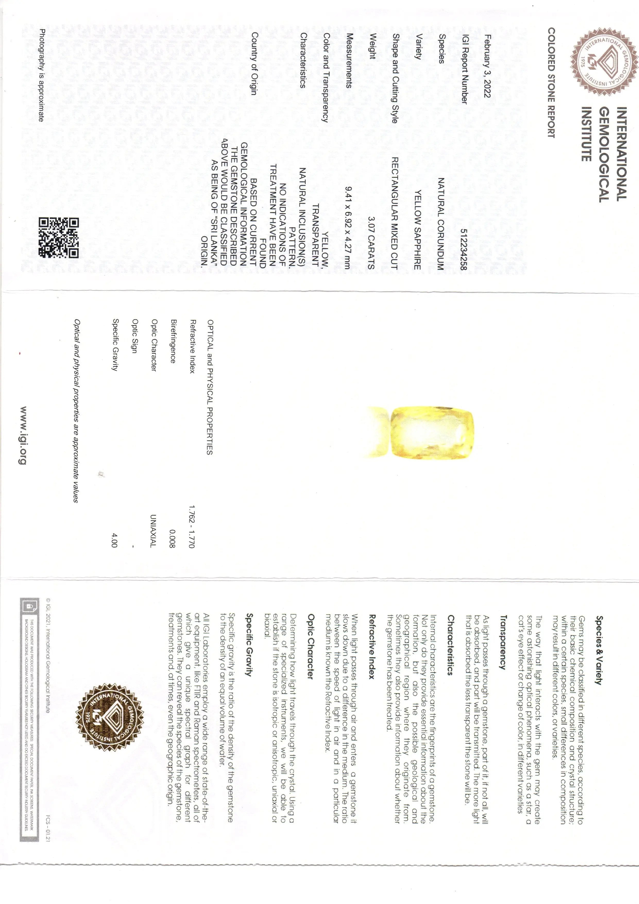 3.07 Ct IGI Certified Unheated Untreated Natural Ceylon Yellow Sapphire