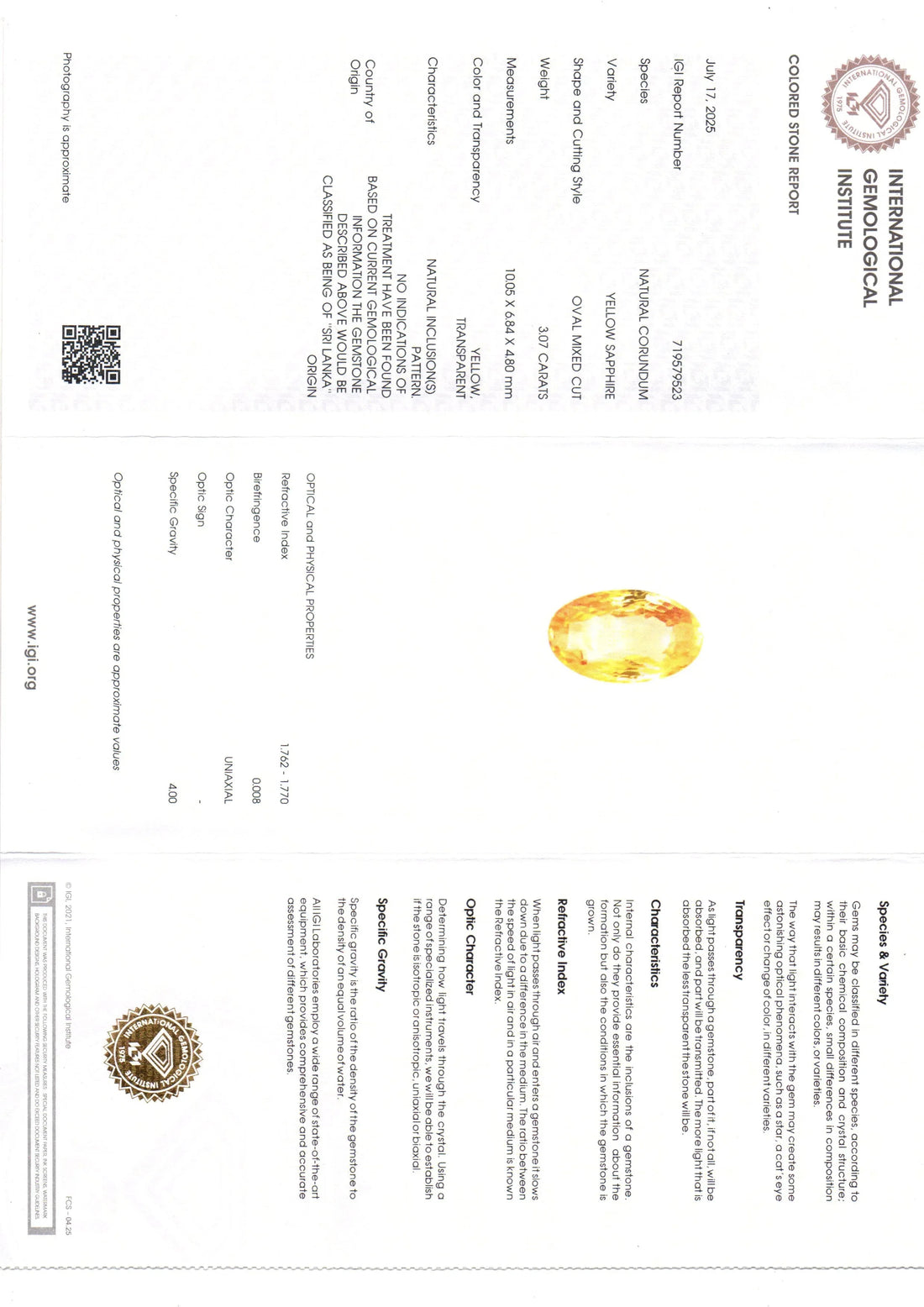 3.07 Ct IGI Certified Unheated Untreated Natural Ceylon Yellow Sapphire - Venus Gems