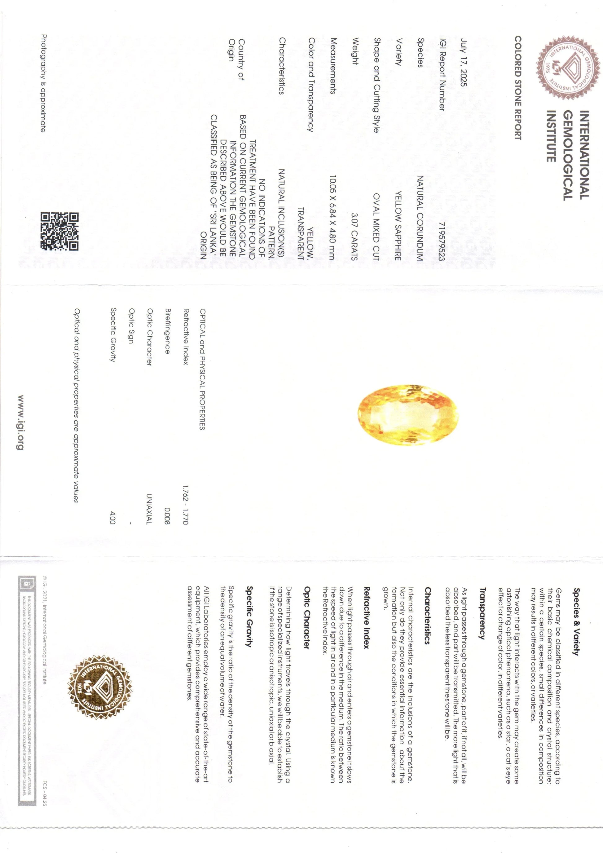 3.07 Ct IGI Certified Unheated Untreated Natural Ceylon Yellow Sapphire - Venus Gems