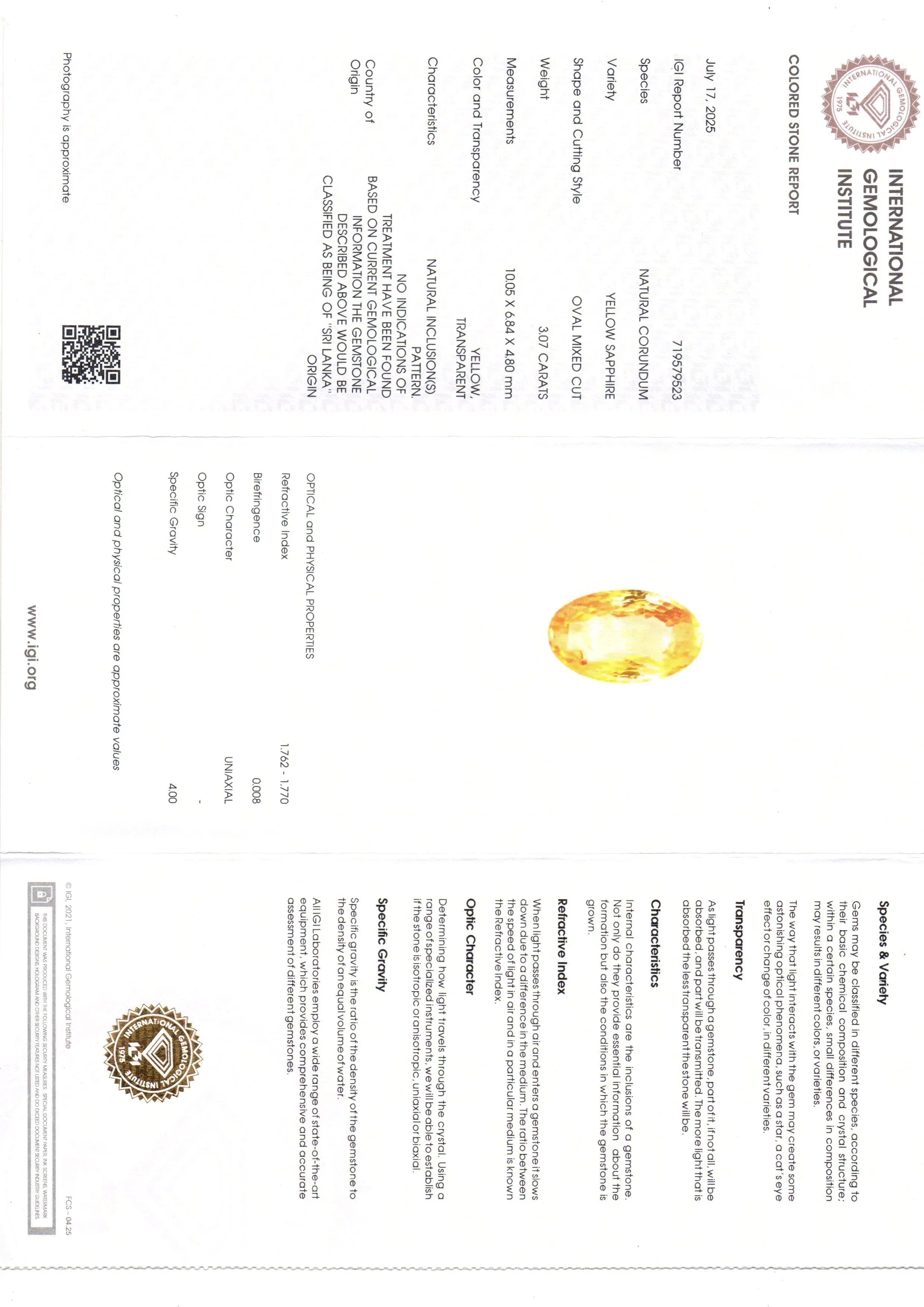 3.07 Ct IGI Certified Unheated Untreated Natural Ceylon Yellow Sapphire - Venus Gems