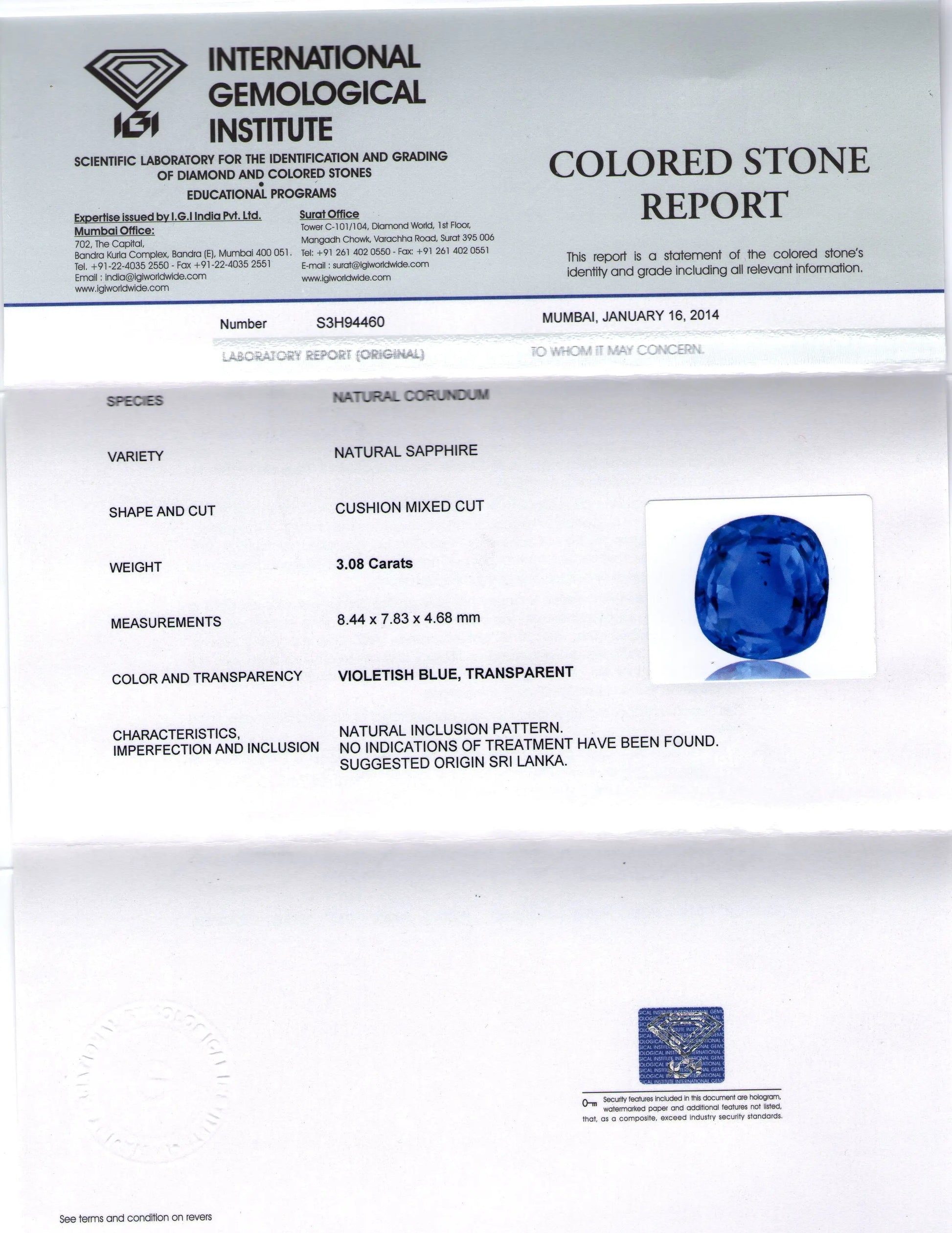 3.08 Ct IGI Certified Unheated Untreated Natural Ceylon Blue Sapphire