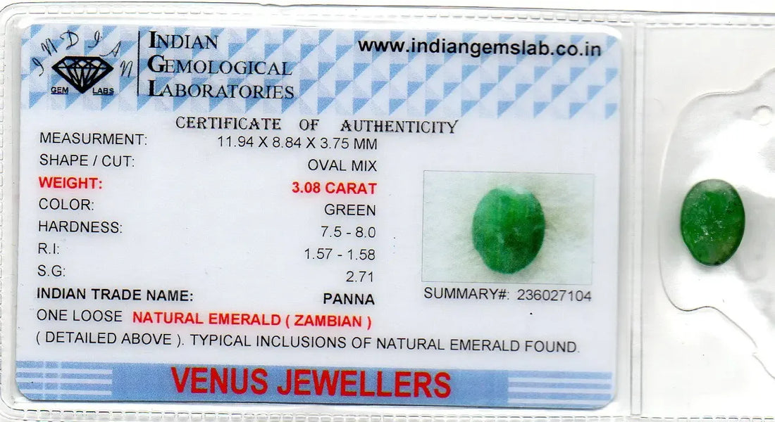 3.08 Ct Certified Untreated Natural Zambian Emerald Panna Gemstone - Venus Gems