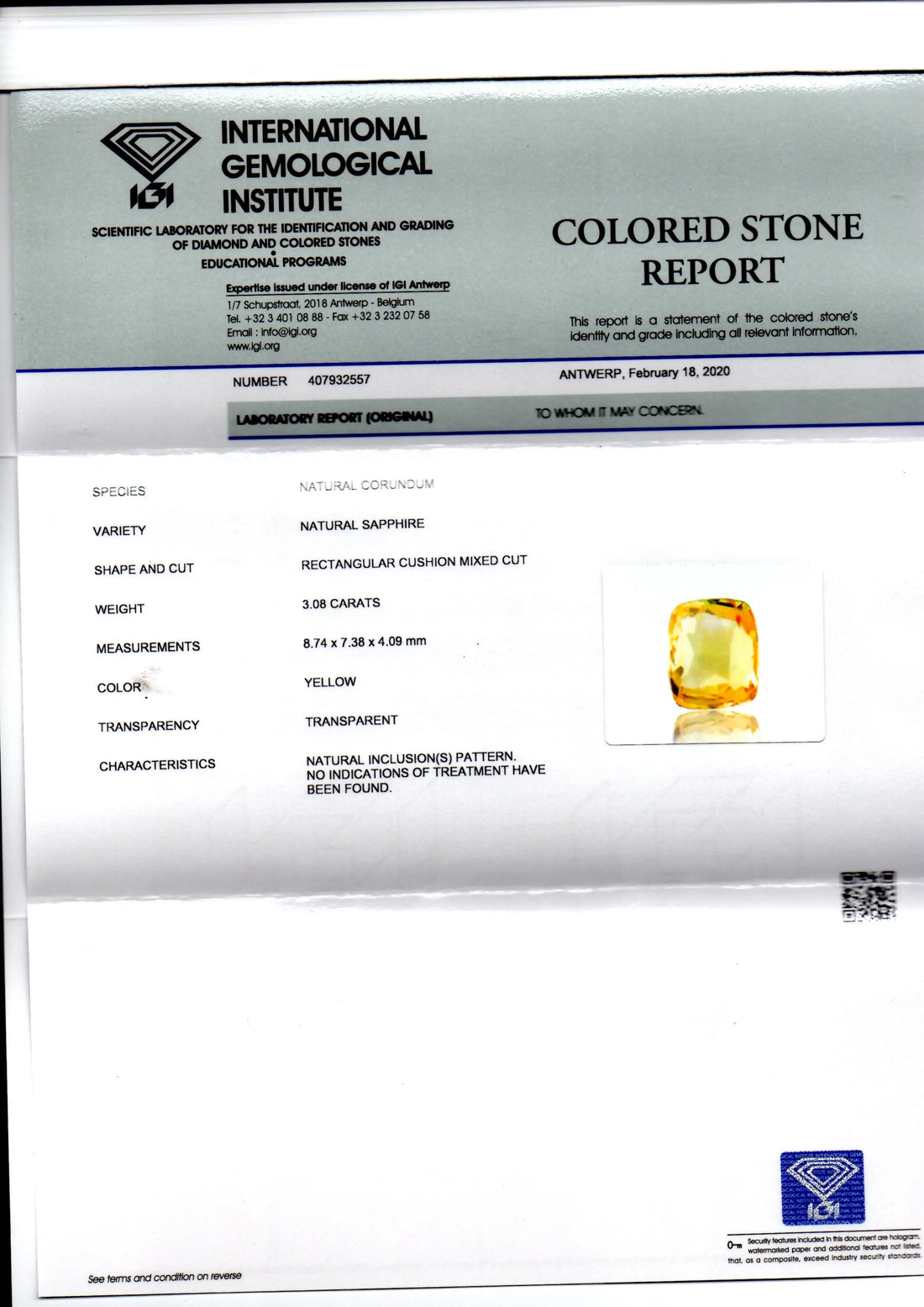 3.08 Ct IGI Certified Unheated Untreated Natural Ceylon Yellow Sapphire
