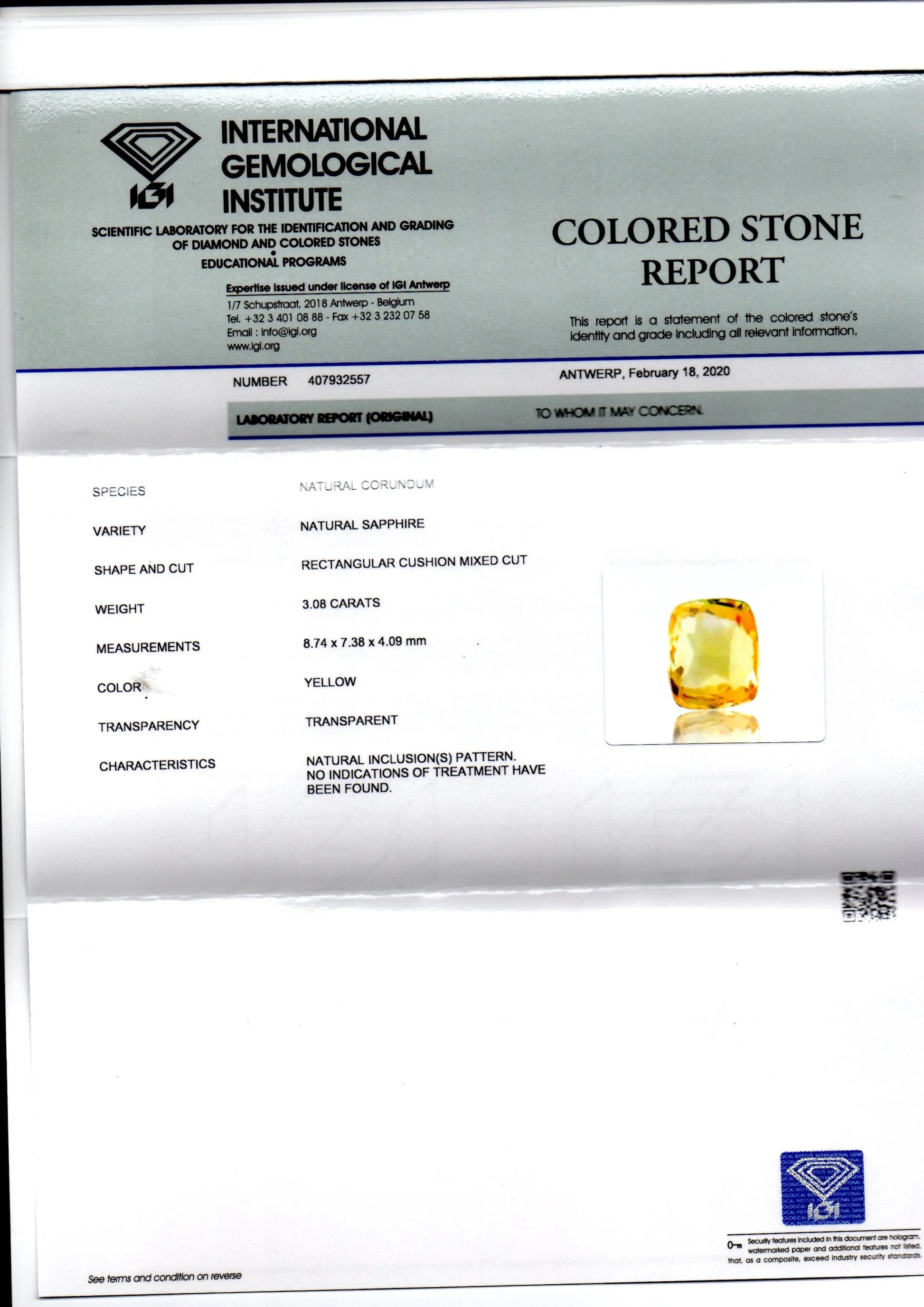 3.08 Ct IGI Certified Unheated Untreated Natural Ceylon Yellow Sapphire