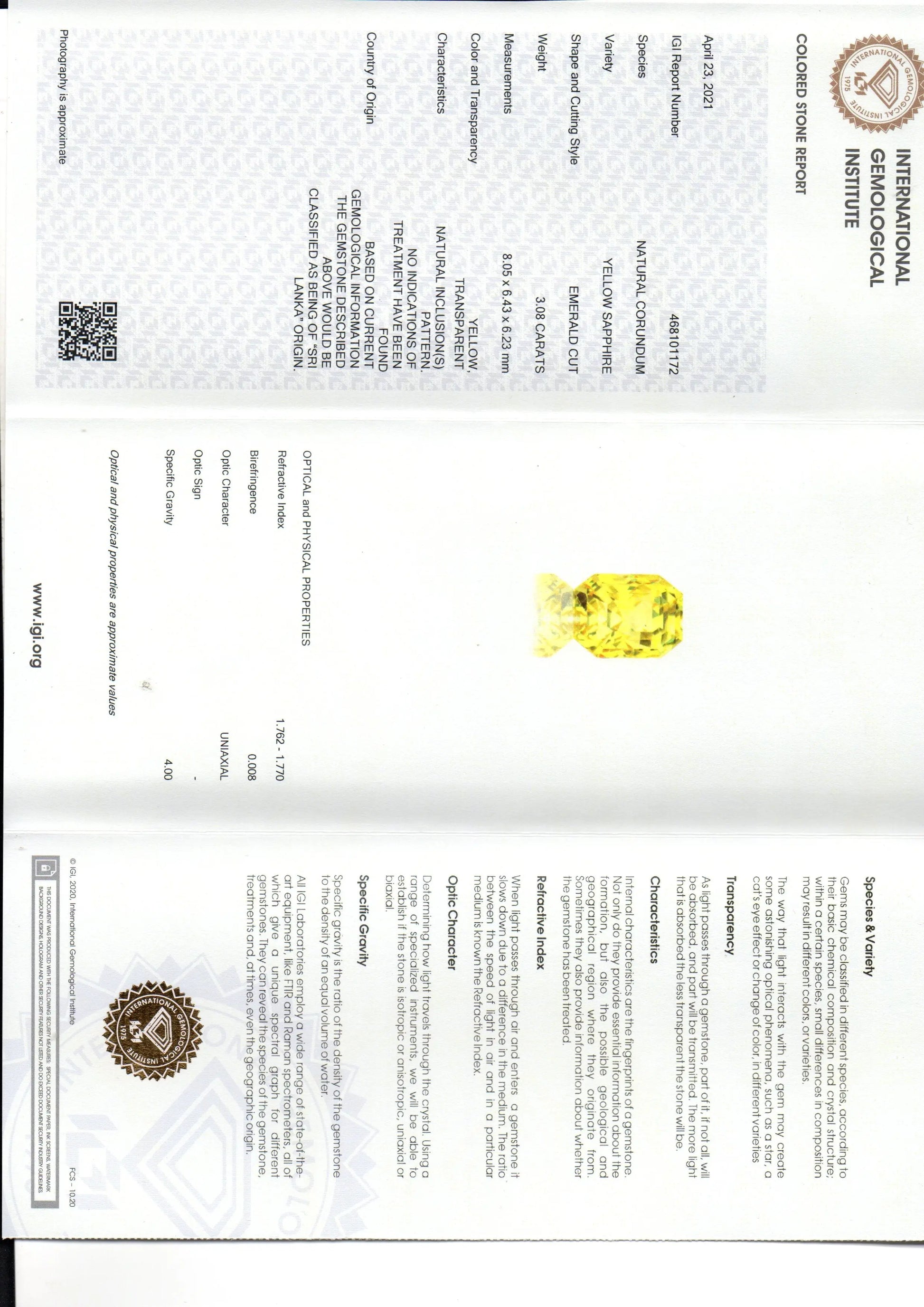 3.08 Ct IGI Certified Unheated Untreated Natural Ceylon Yellow Sapphire AAAAA