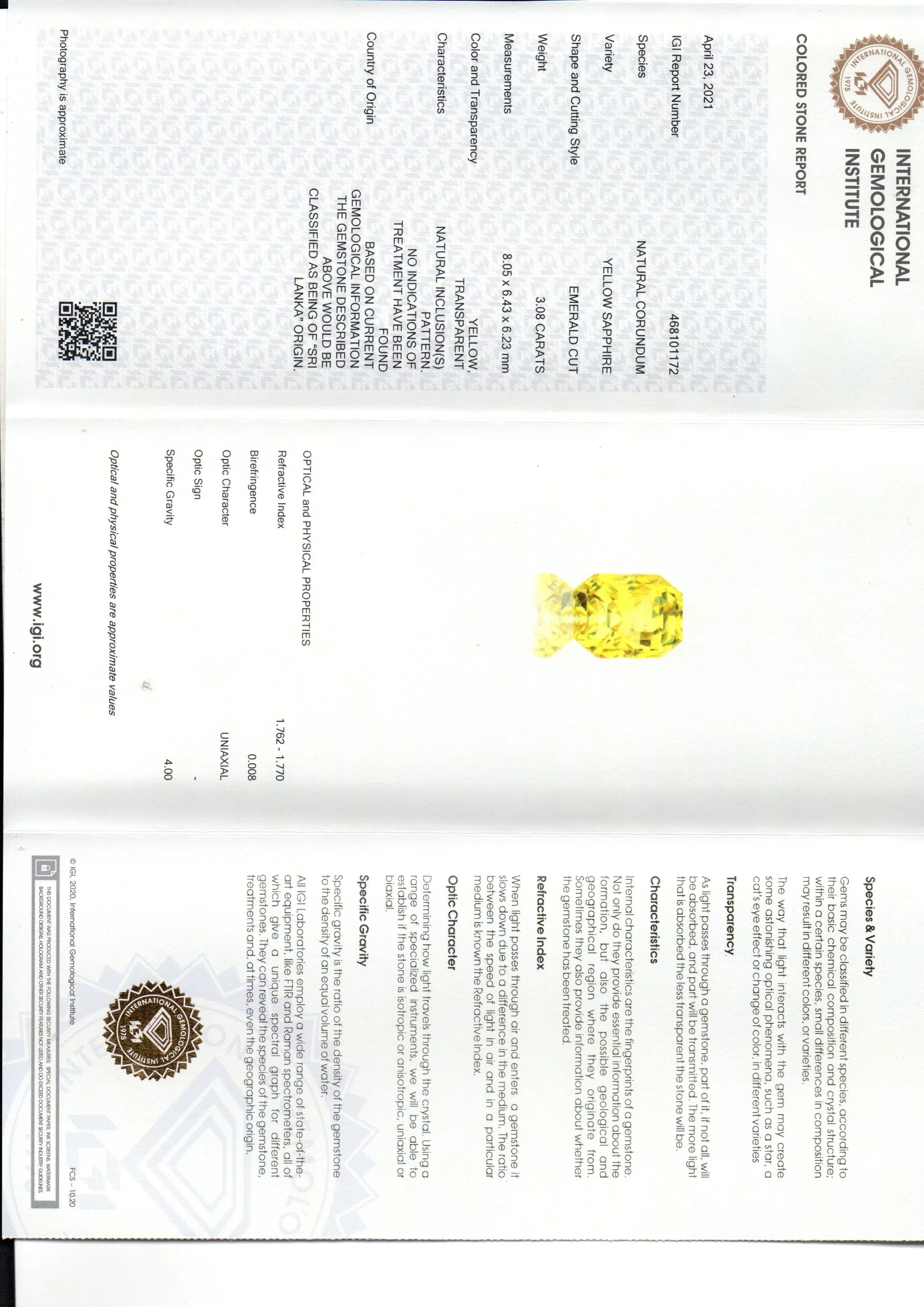 3.08 Ct IGI Certified Unheated Untreated Natural Ceylon Yellow Sapphire AAAAA