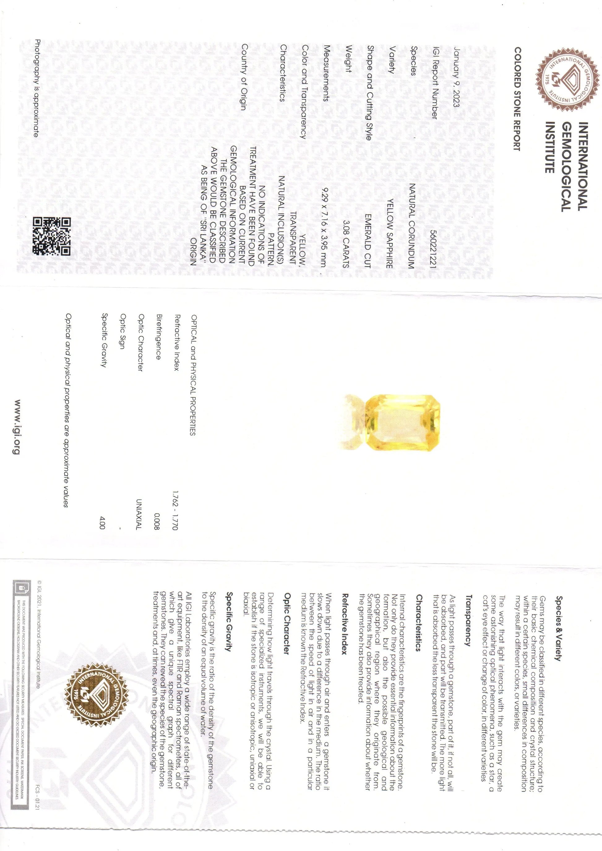 3.08 Ct IGI Certified Unheated Untreated Natural Ceylon Yellow Sapphire AAA