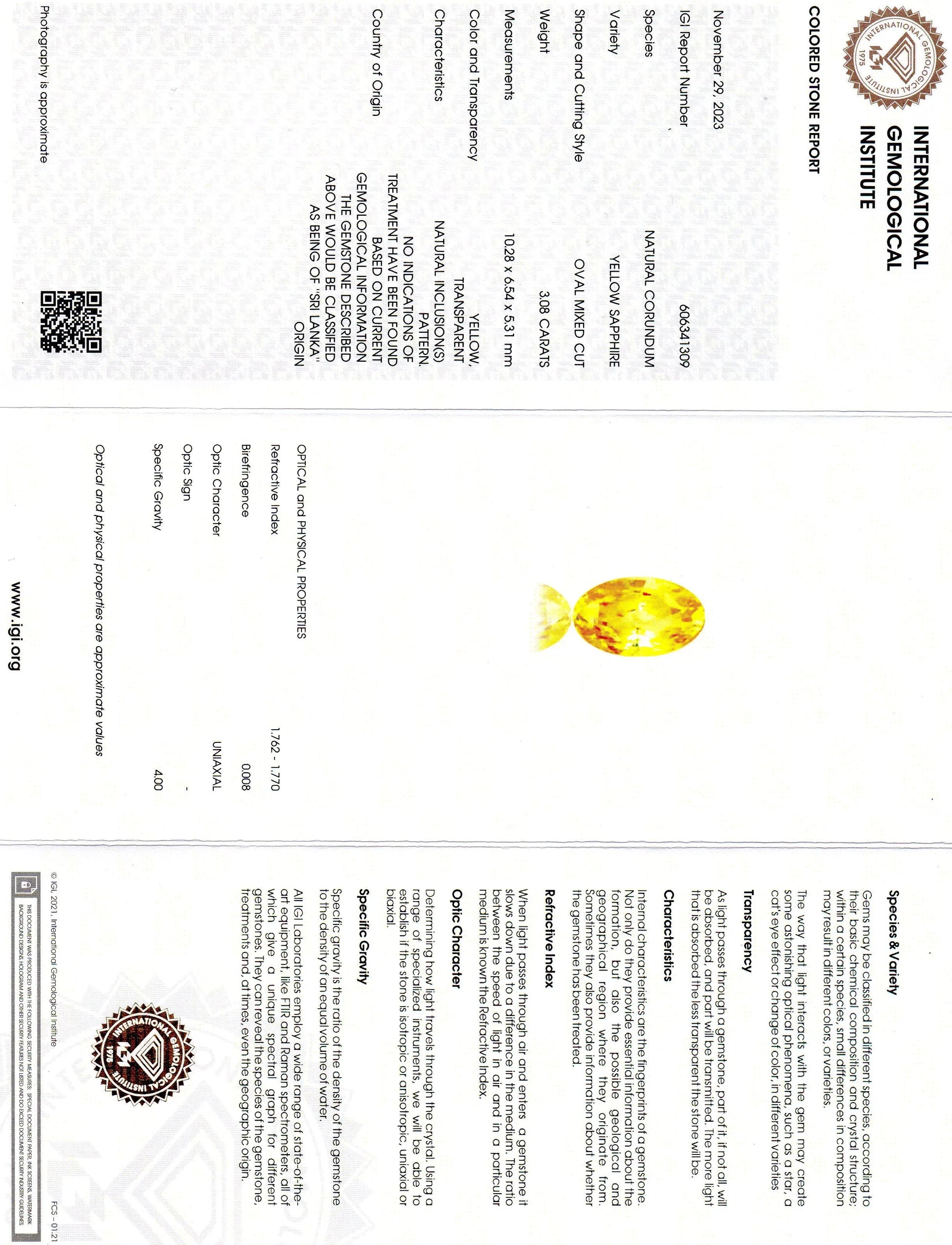 3.08 Ct IGI Certified Unheated Untreated Natural Ceylon Yellow Sapphire AA - Venus Gems