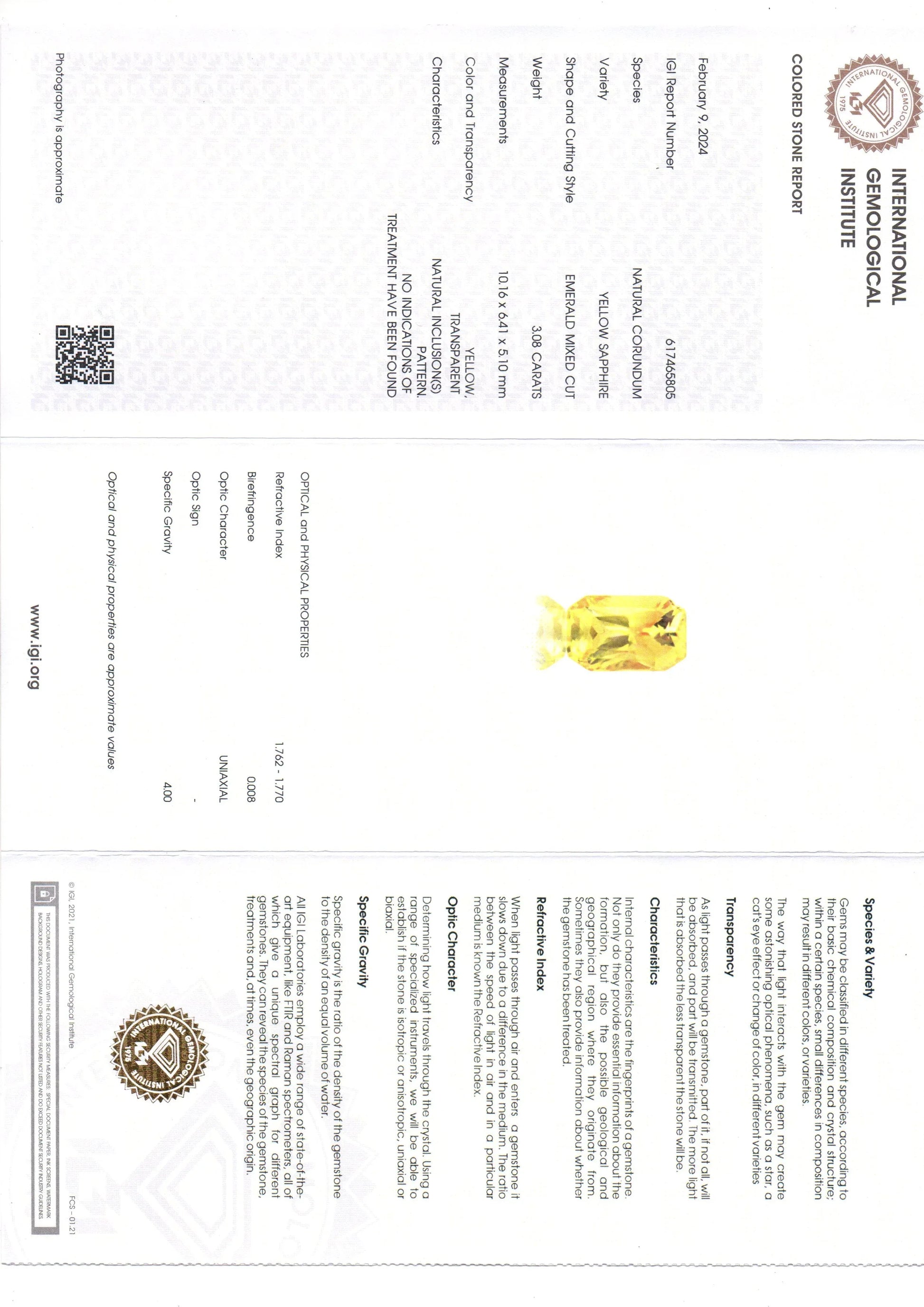 3.08 Ct IGI Certified Unheated Untreated Natural Ceylon Yellow Sapphire AAAAA - Venus Gems