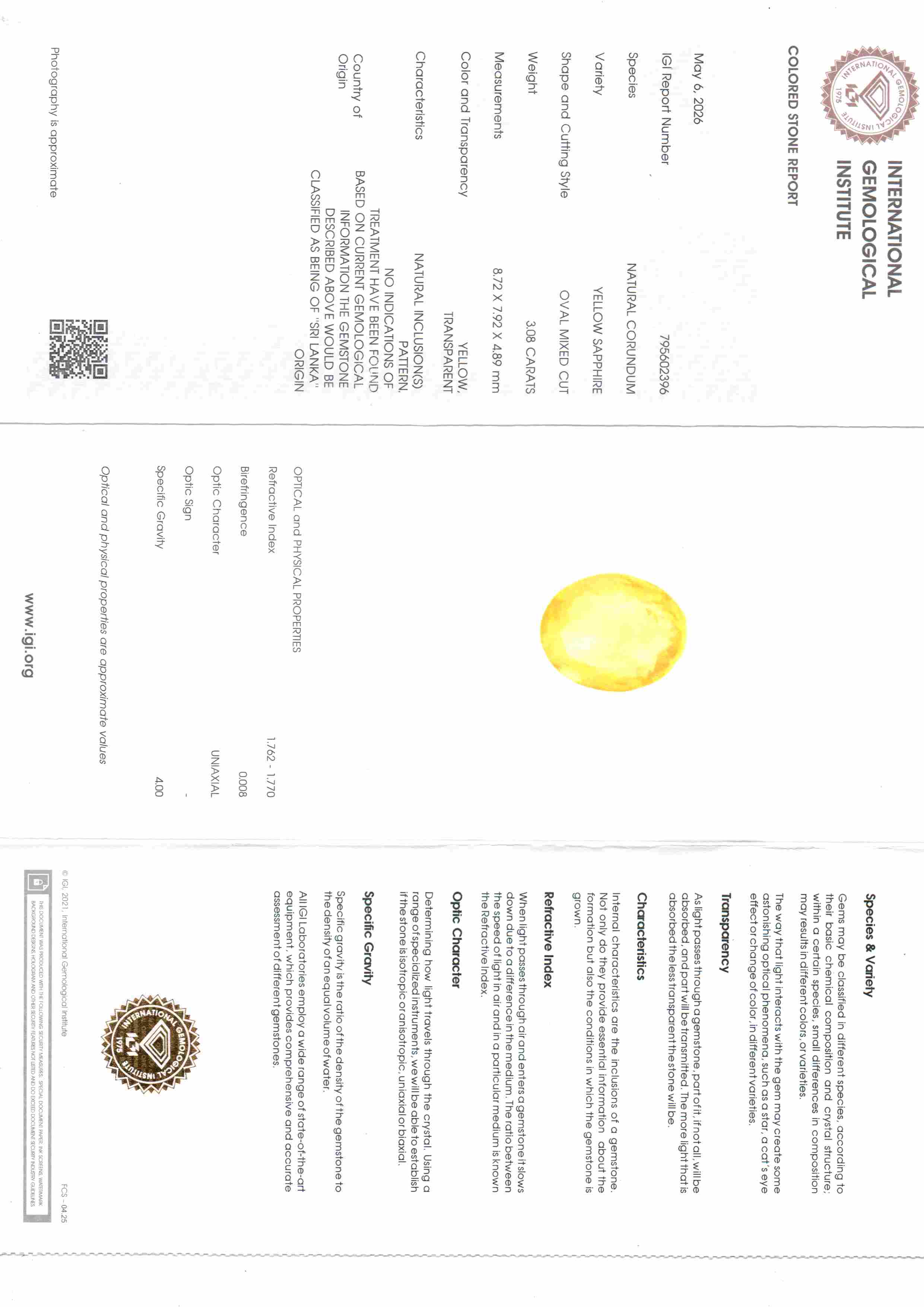 3,53 Karat 3,92 Ratti Zertifizierter Ceylon Gelber Saphir Pukhraj Stein
