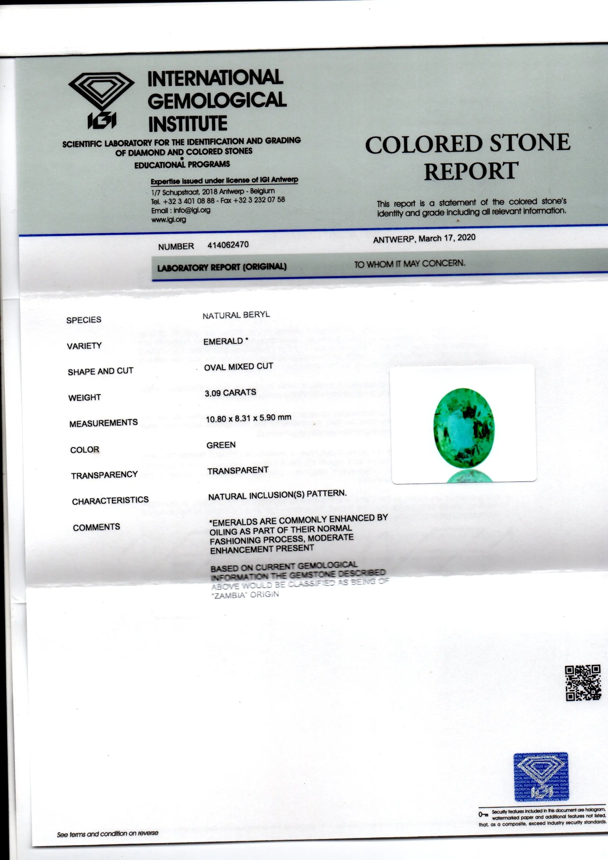 3.09 Ct IGI Certified Untreated Natural Zambian Emerald Gems AAA