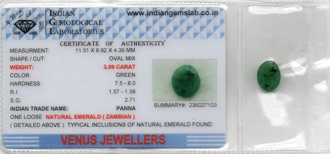 3.09 Ct Certified Untreated Natural Zambian Emerald Panna Gemstone - Venus Gems
