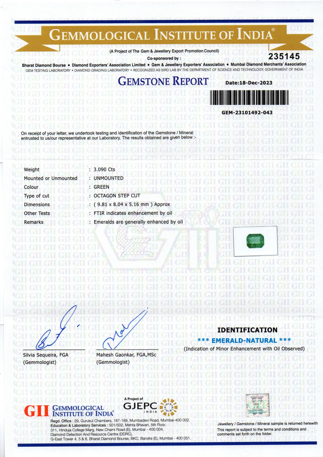 3.09 Ct GII Certified Untreated Natural Zambian Emerald Panna AAA - Venus Gems