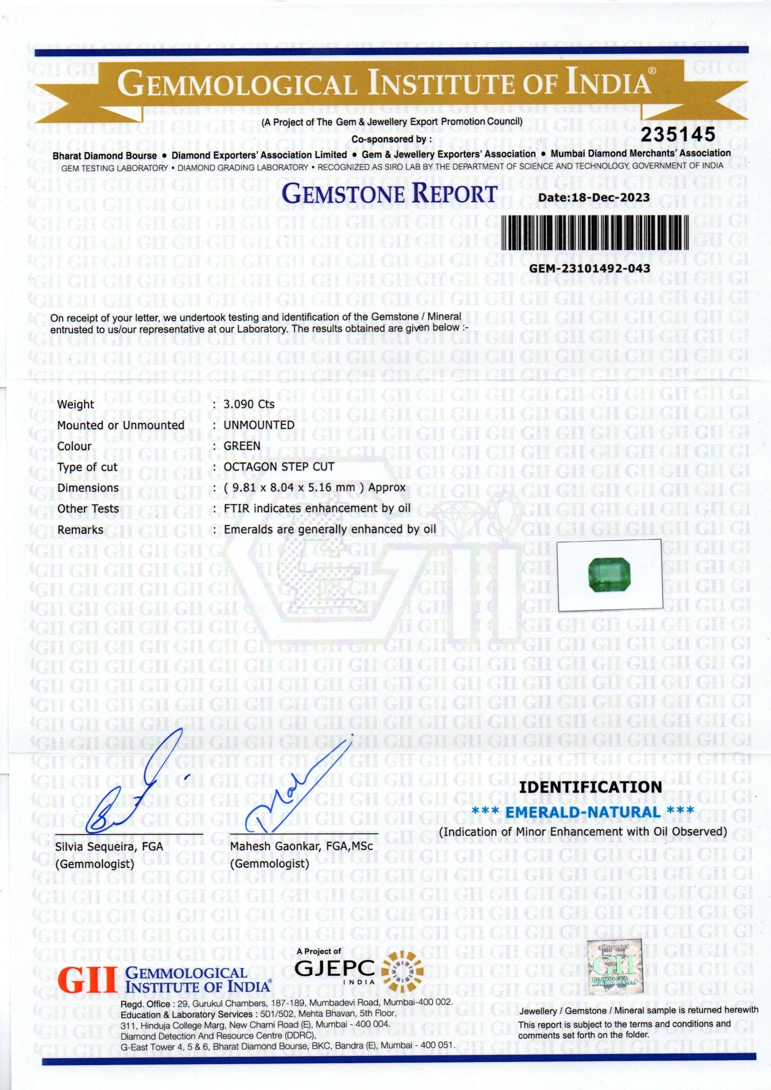 3.09 Ct GII Certified Untreated Natural Zambian Emerald Panna AAA - Venus Gems